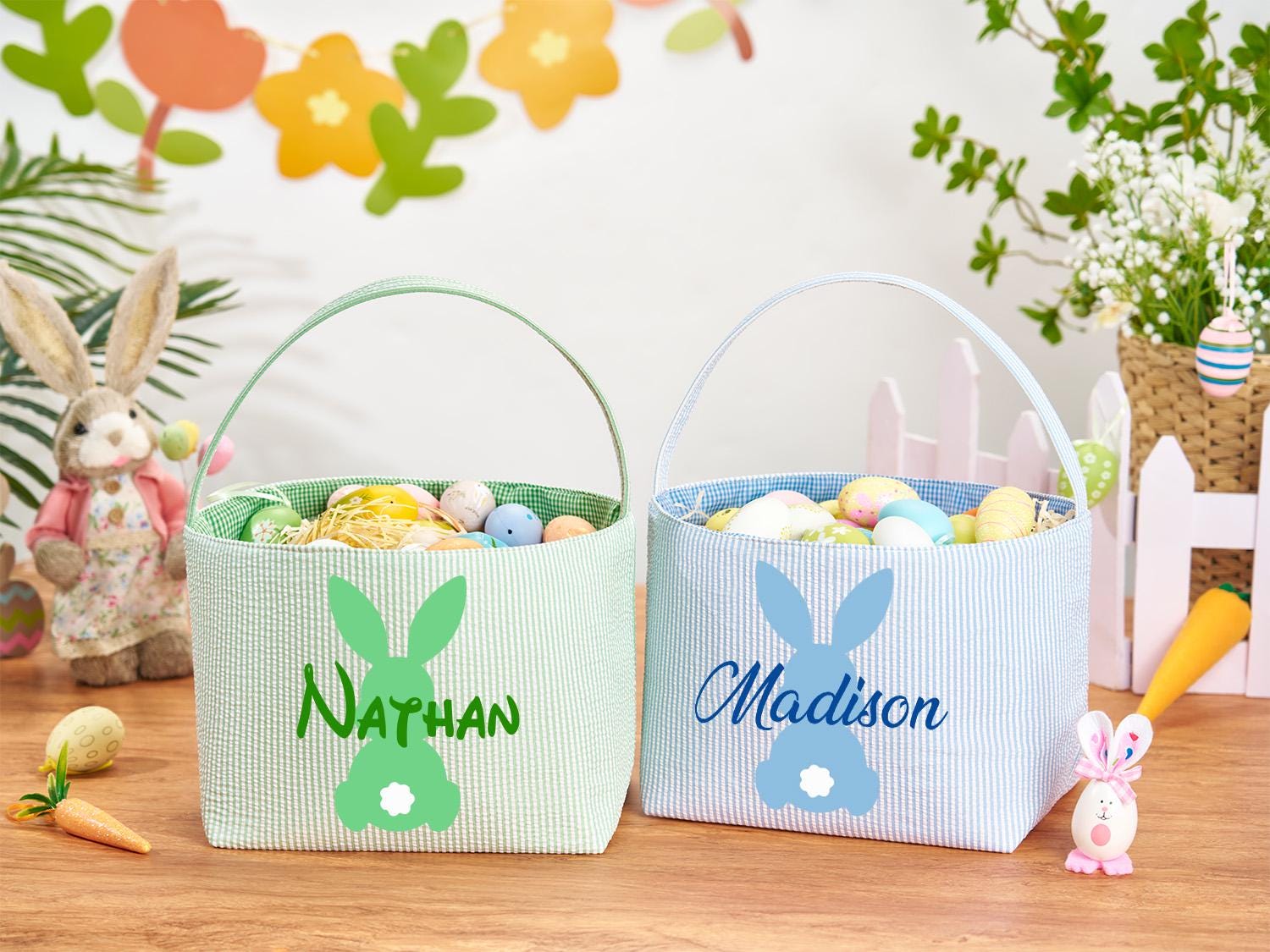 Personalized Monogrammed Seersucker Easter Basket – Custom Bunny Tote