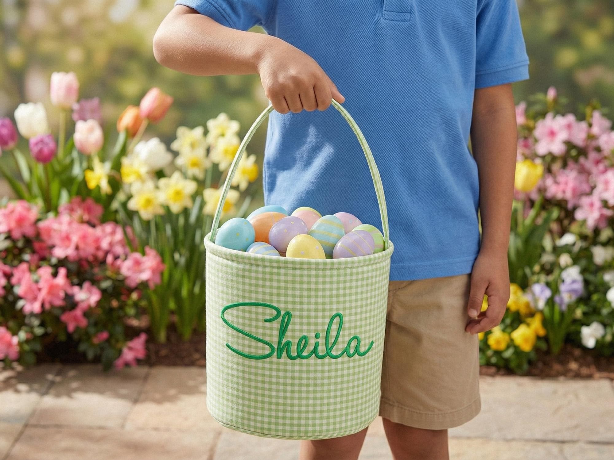 Custom Name Easter Basket – Embroidered Seersucker Kids Egg Hunt Tote
