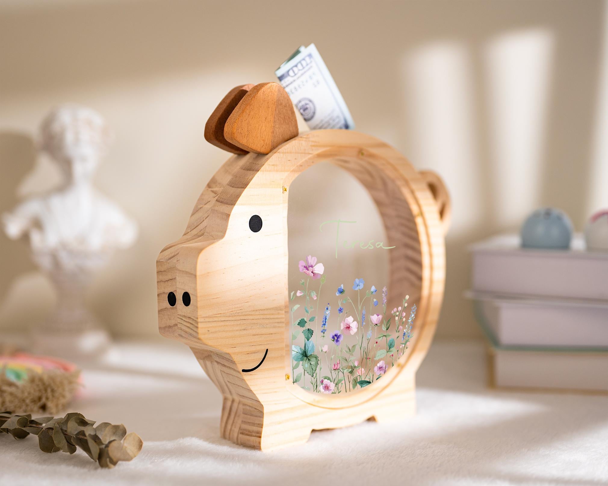 Personalized Piggy Bank, Wildflower Money Box, Kids Gift