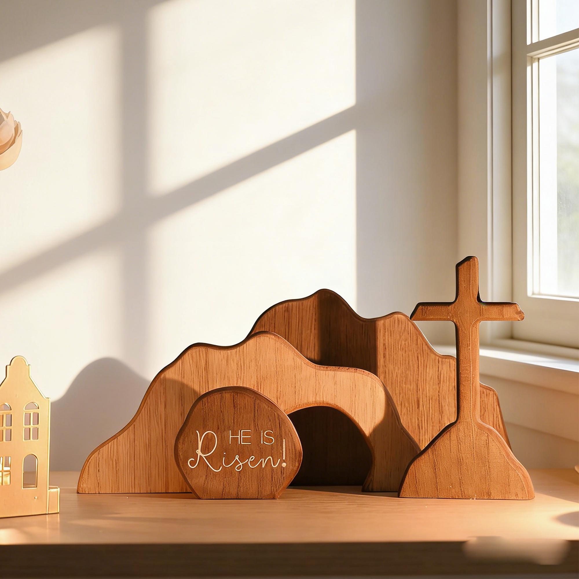 Easter Wooden Decoration Set – Empty Tomb & Cross Scene