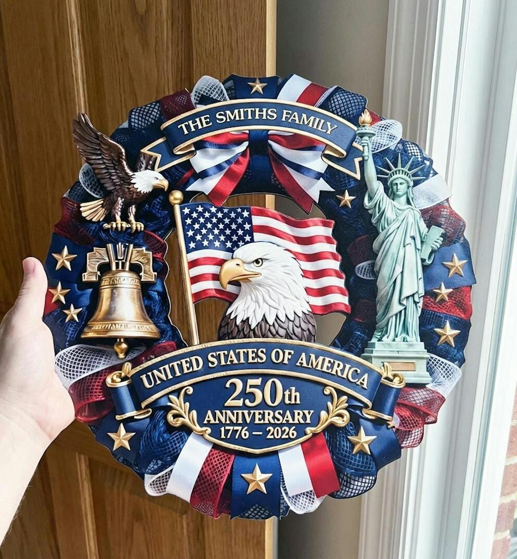 Personalized America 250th Wood Wreath, Patriotic Door Sign