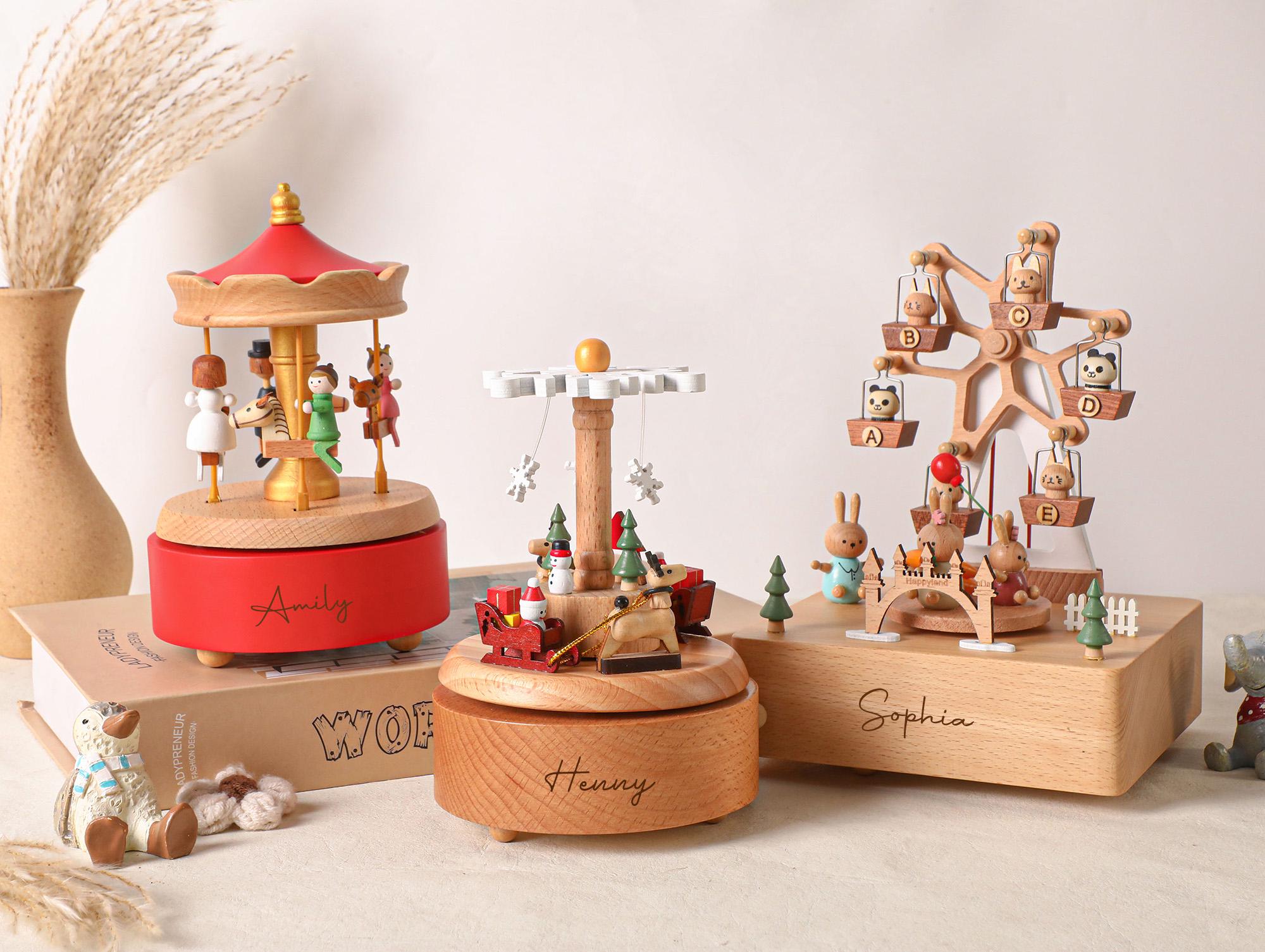 Musical Wooden Ballerina Carousel Keepsake, Engraved Name Music Box, Personalized Wooden MusicBox