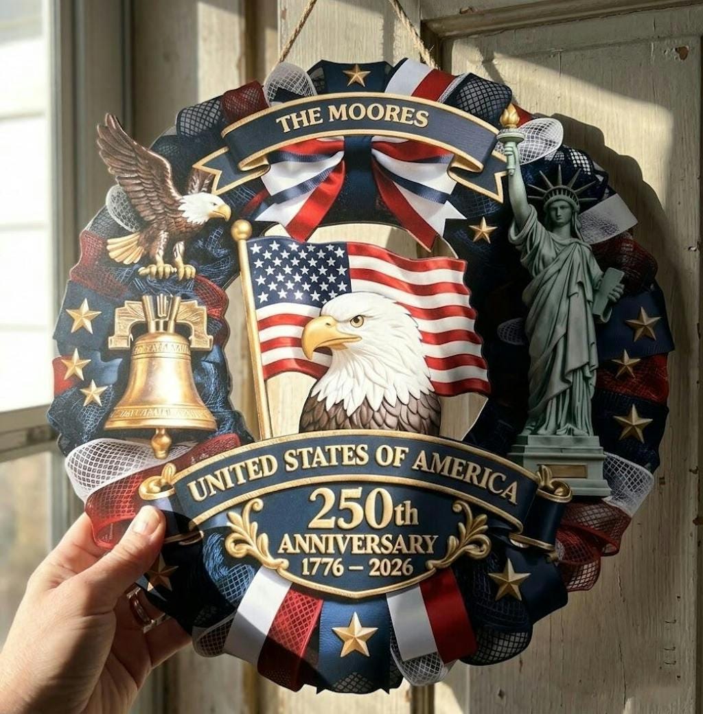 Personalized America 250th Wood Wreath, Patriotic Door Sign