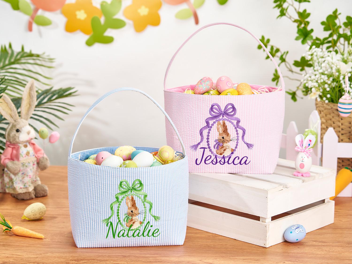 Personalized Monogrammed Seersucker Easter Basket – Custom Bunny Tote