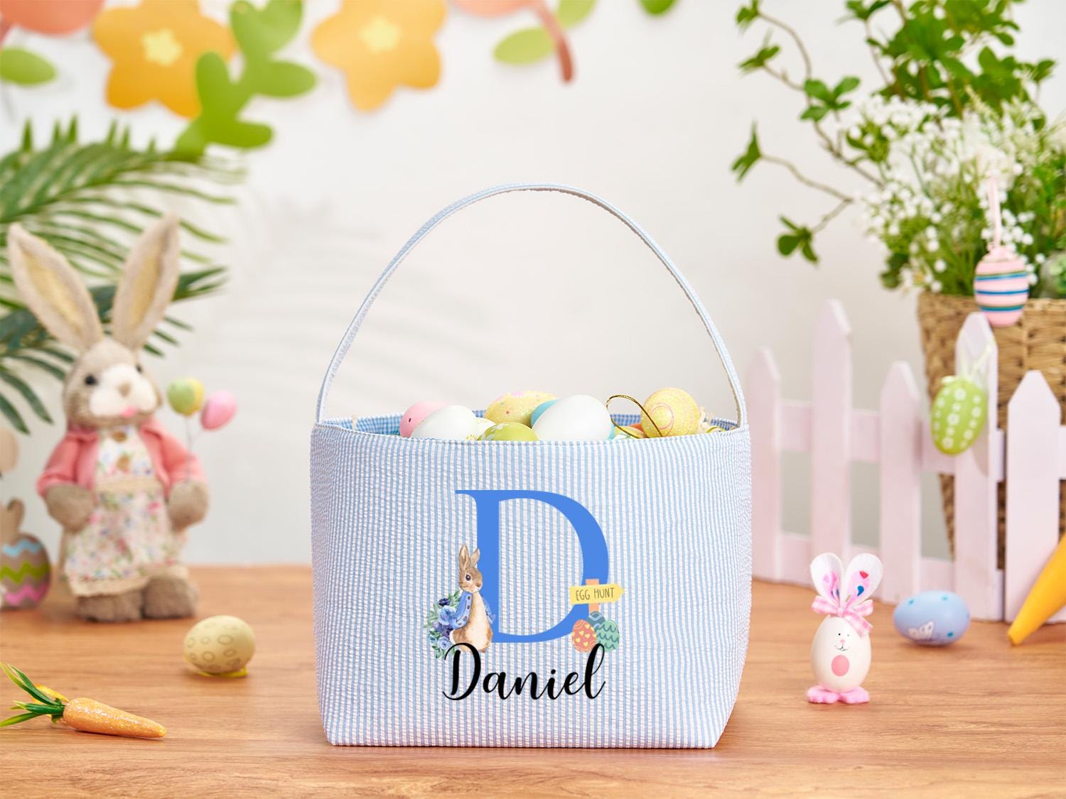 Personalized Monogrammed Seersucker Easter Basket – Custom Bunny Tote