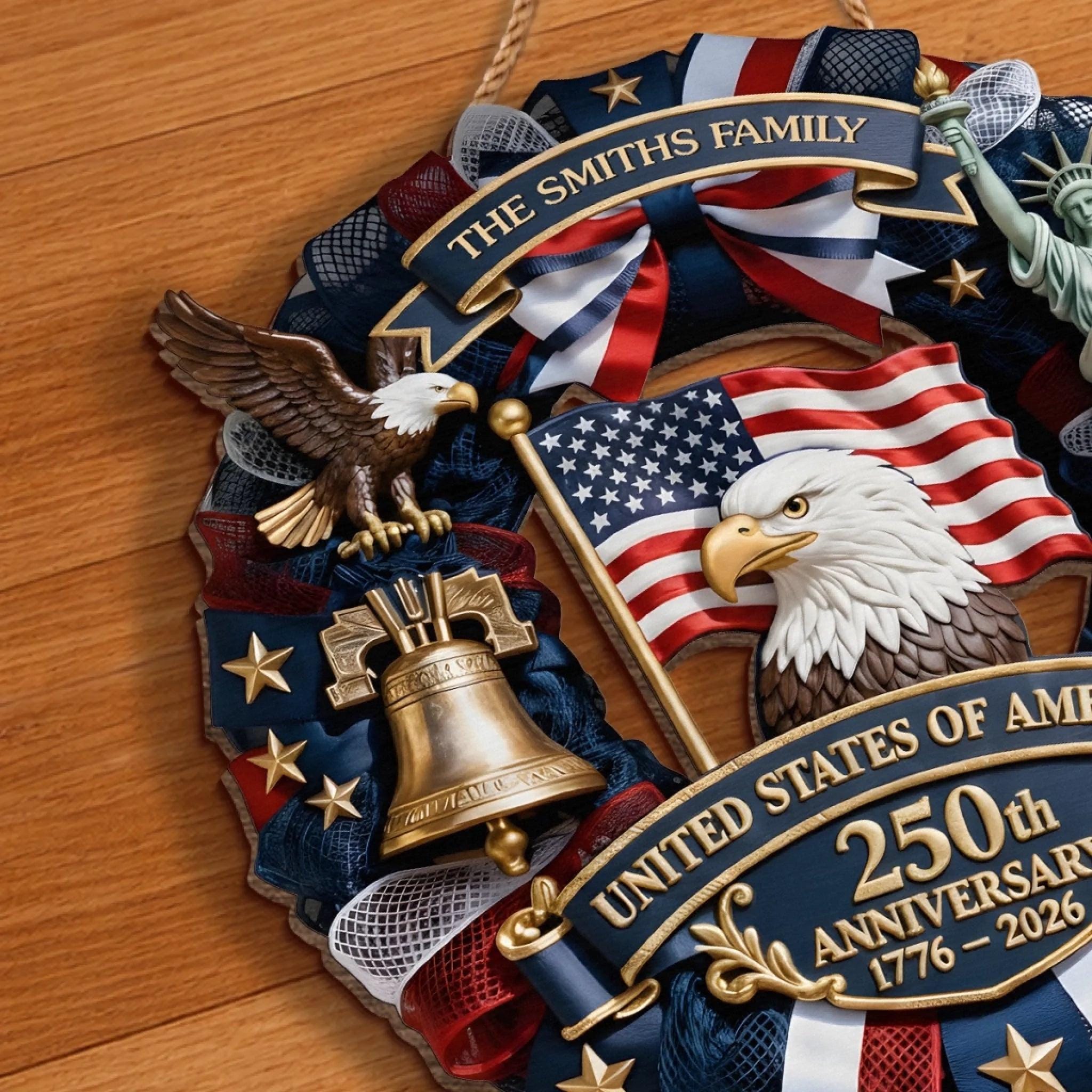Personalized America 250th Wood Wreath, Patriotic Door Sign