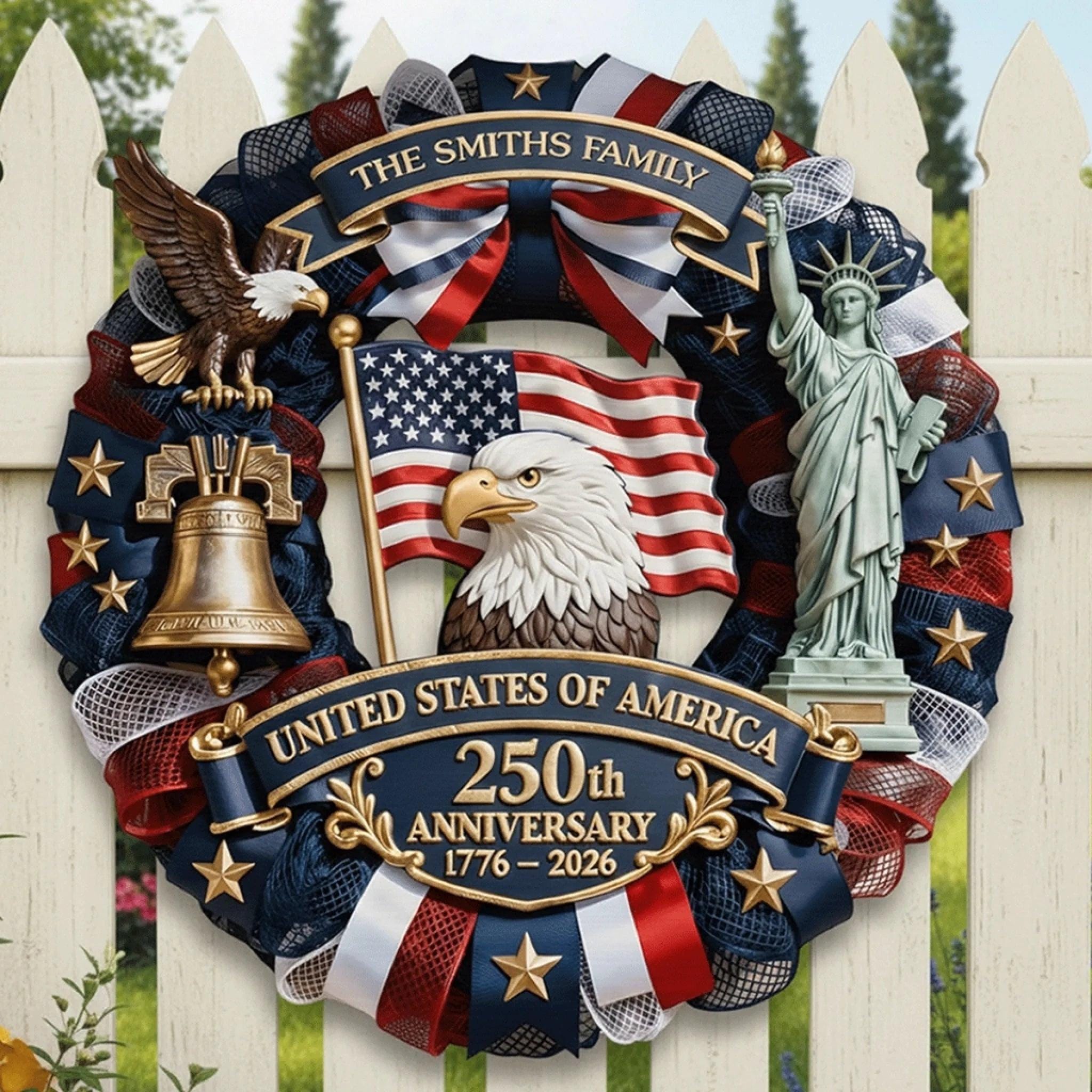 Personalized America 250th Wood Wreath, Patriotic Door Sign