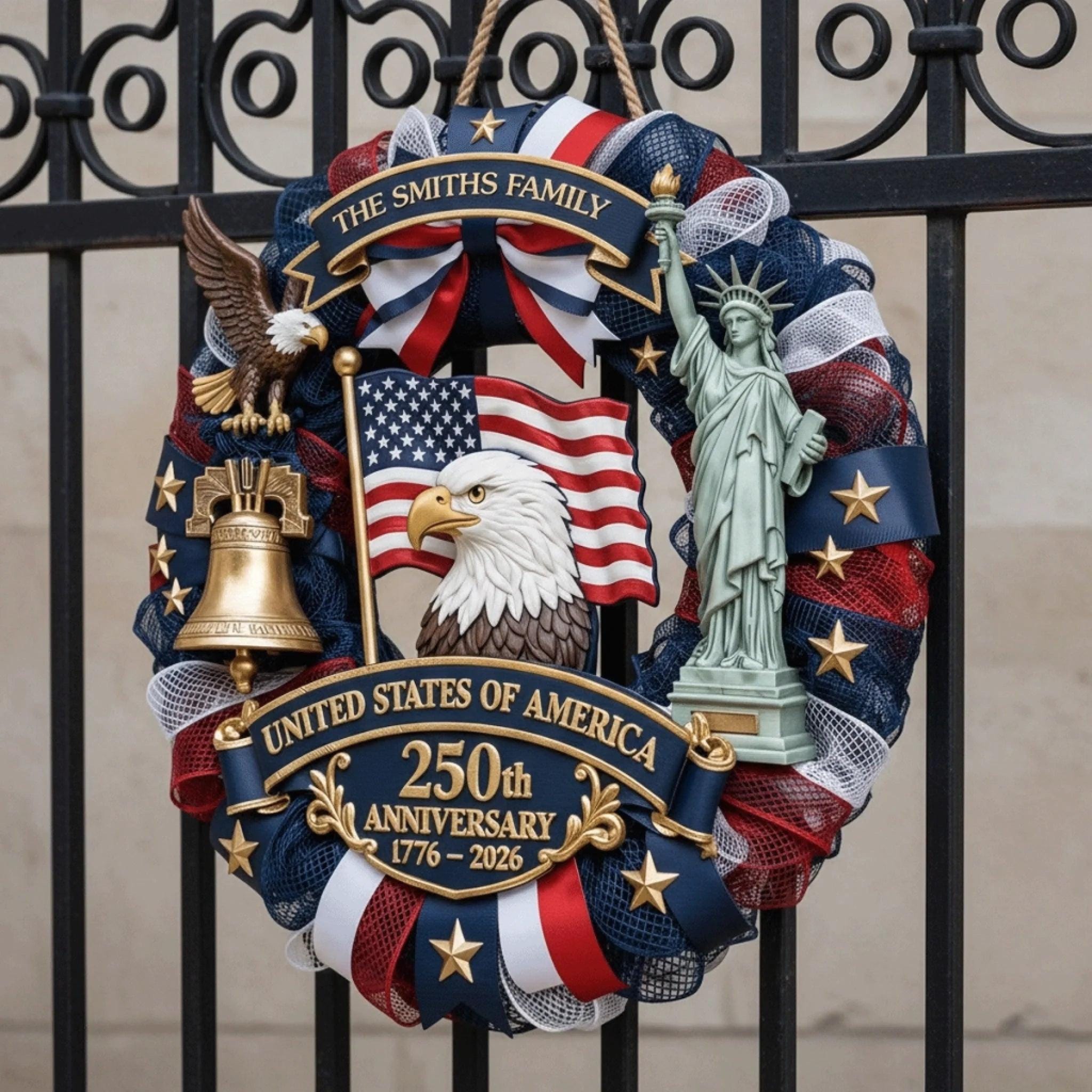 Personalized America 250th Wood Wreath, Patriotic Door Sign