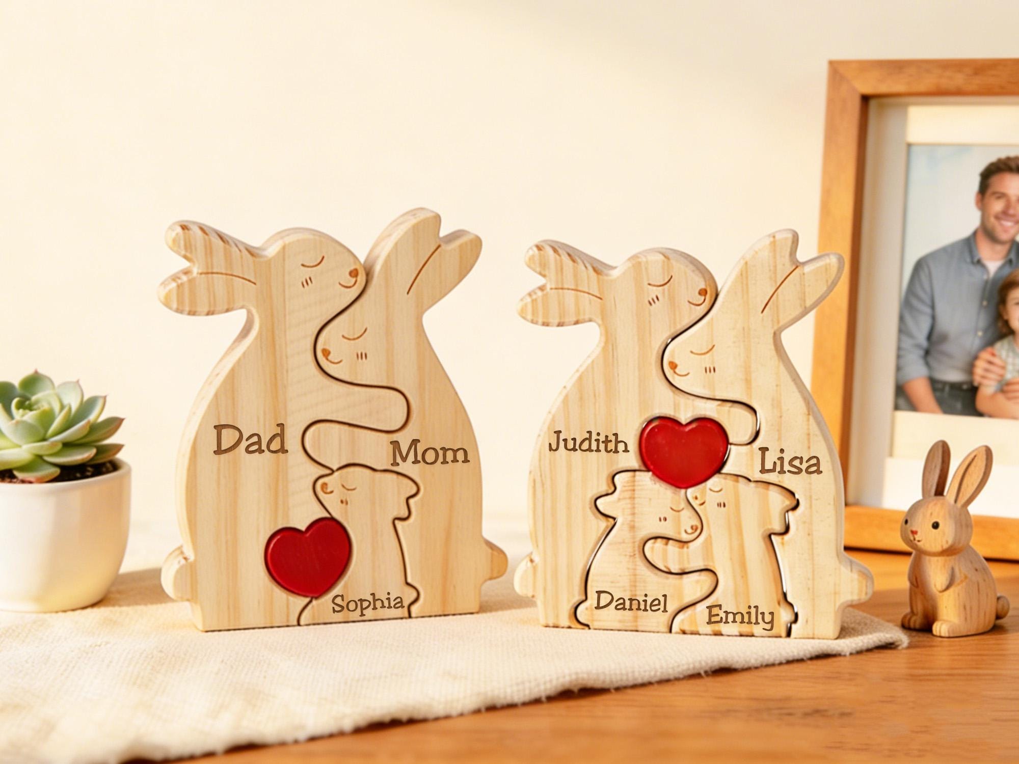 Personalized Wooden Rabbit Family Puzzle – Engraved Name Home Decor