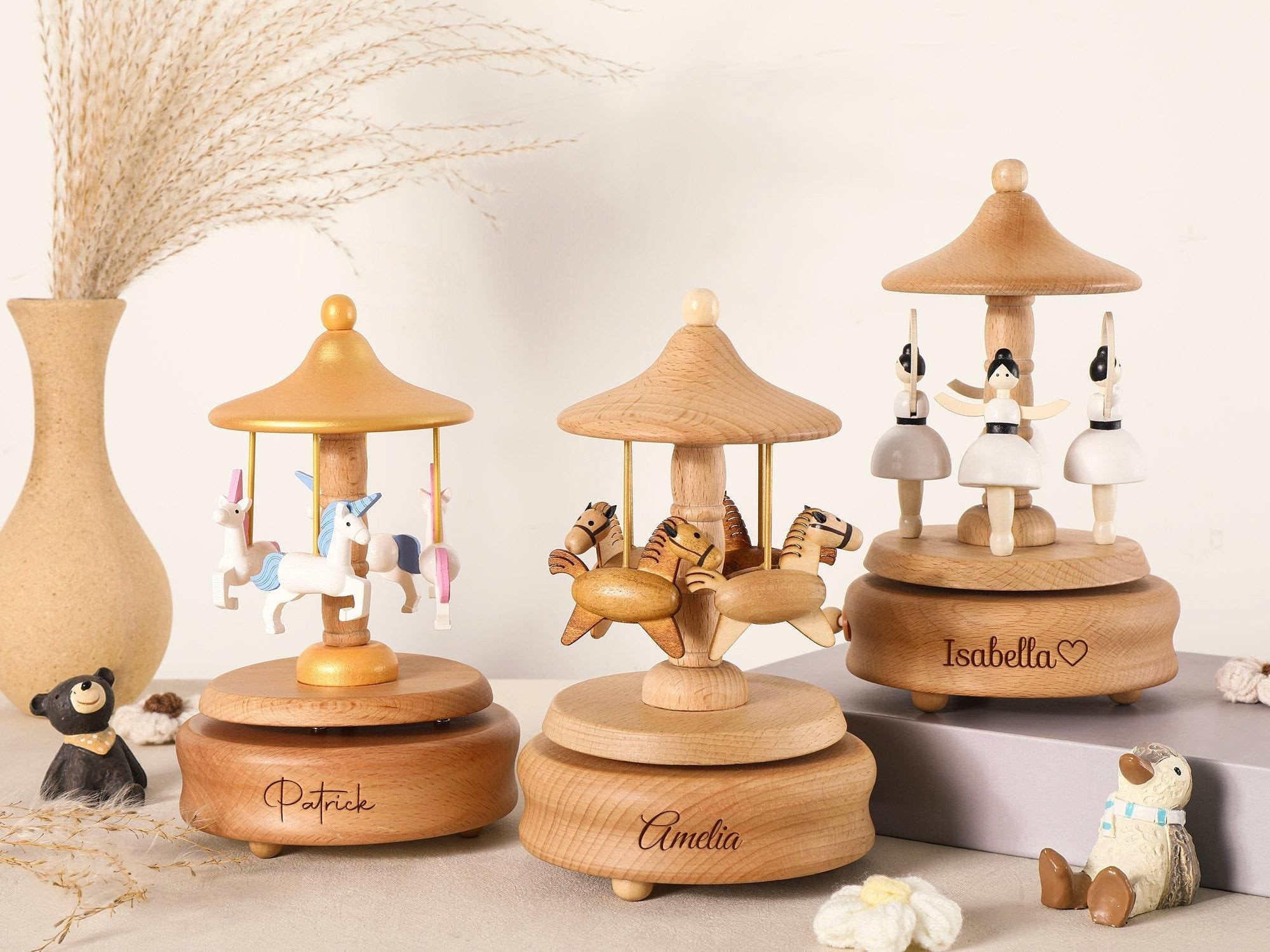 Musical Wooden Ballerina Carousel Keepsake, Engraved Name Music Box, Personalized Wooden MusicBox