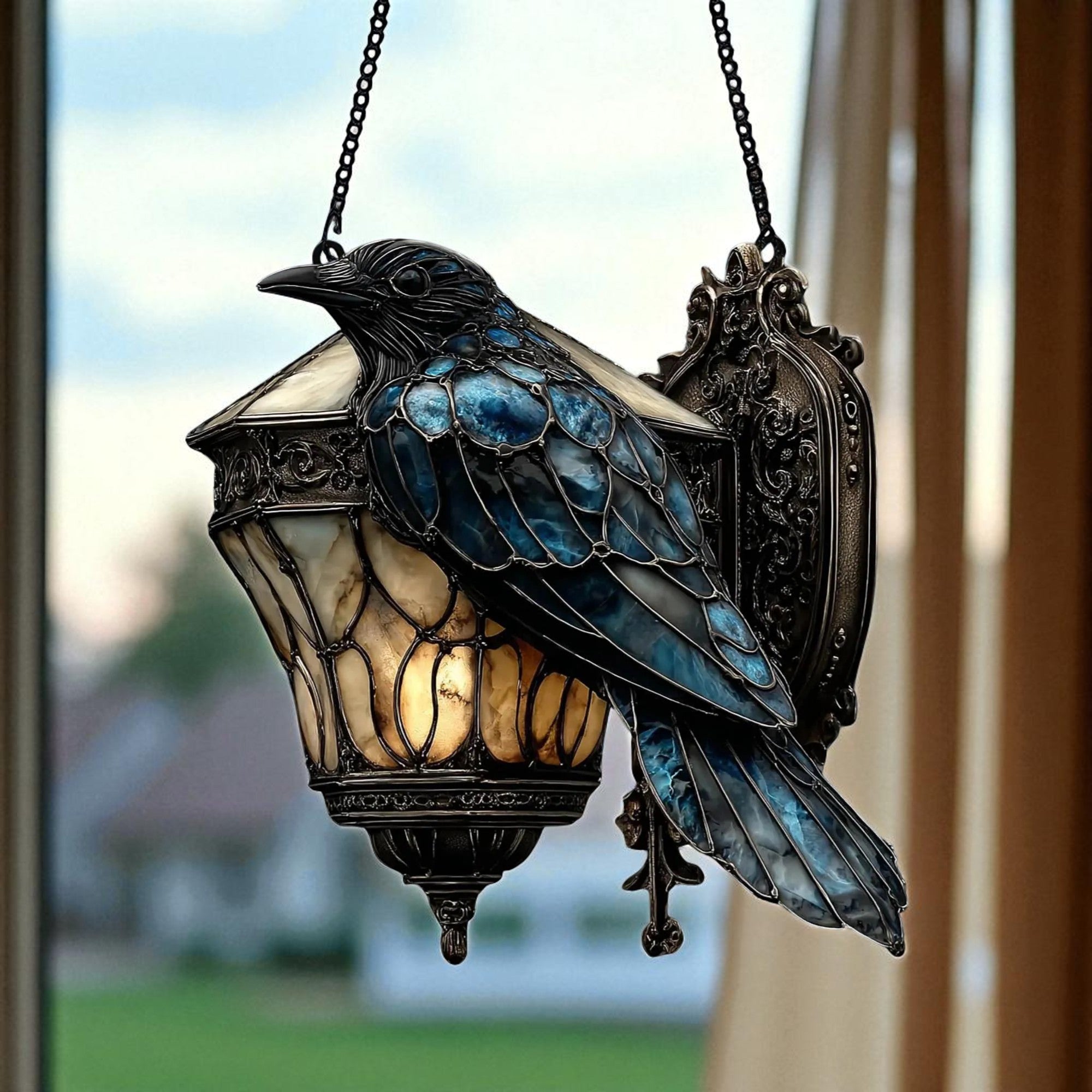 Raven Gothic Lantern Acrylic Suncatcher – 2D Faux Crow on Lamp Halloween Window Hanging, Dark Academia & Spooky Home Decor
