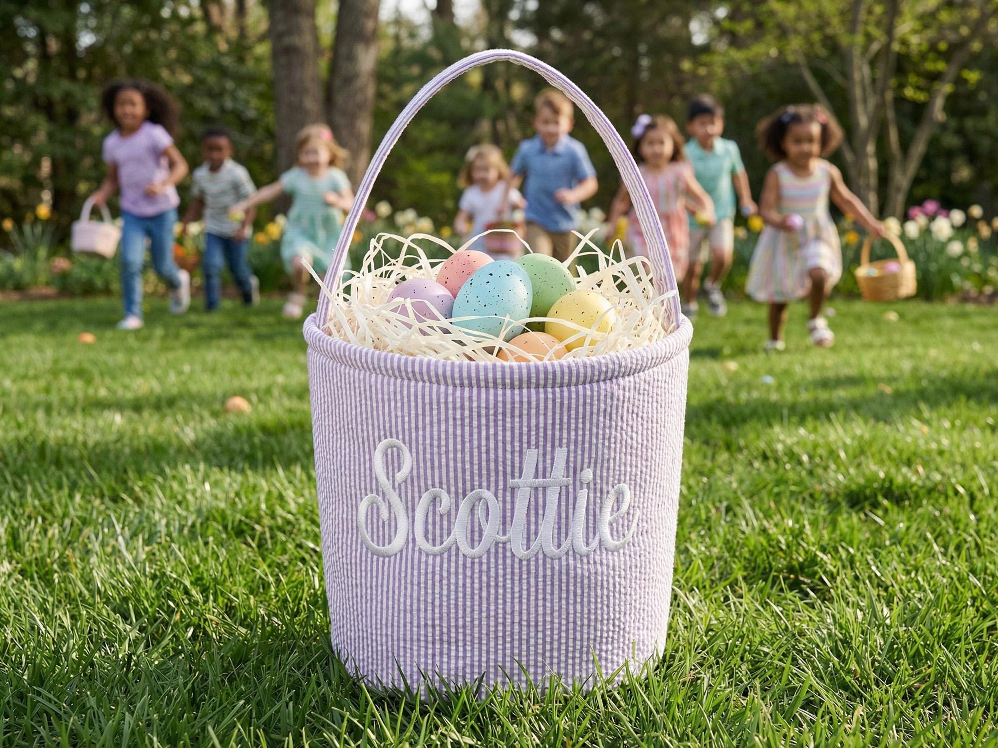 Custom Name Easter Basket – Embroidered Seersucker Kids Egg Hunt Tote