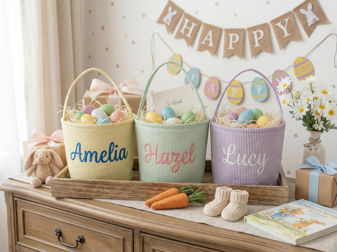 Personalized Embroidered Easter Basket – Custom Seersucker Bunny Bag