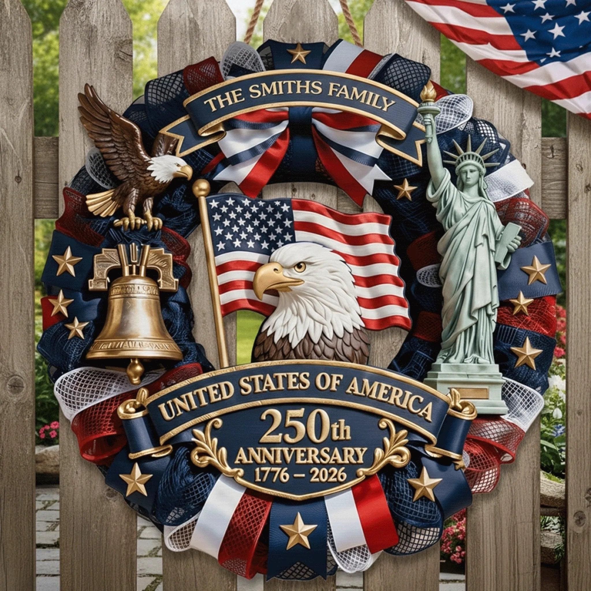 Personalized America 250th Wood Wreath, Patriotic Door Sign