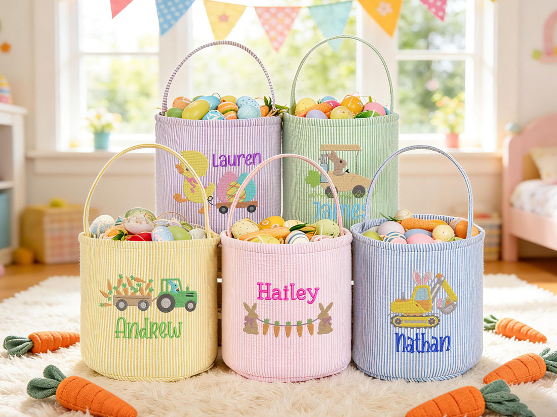 Personalized Seersucker Easter Basket, Embroidered Name, Kids Egg Hunt