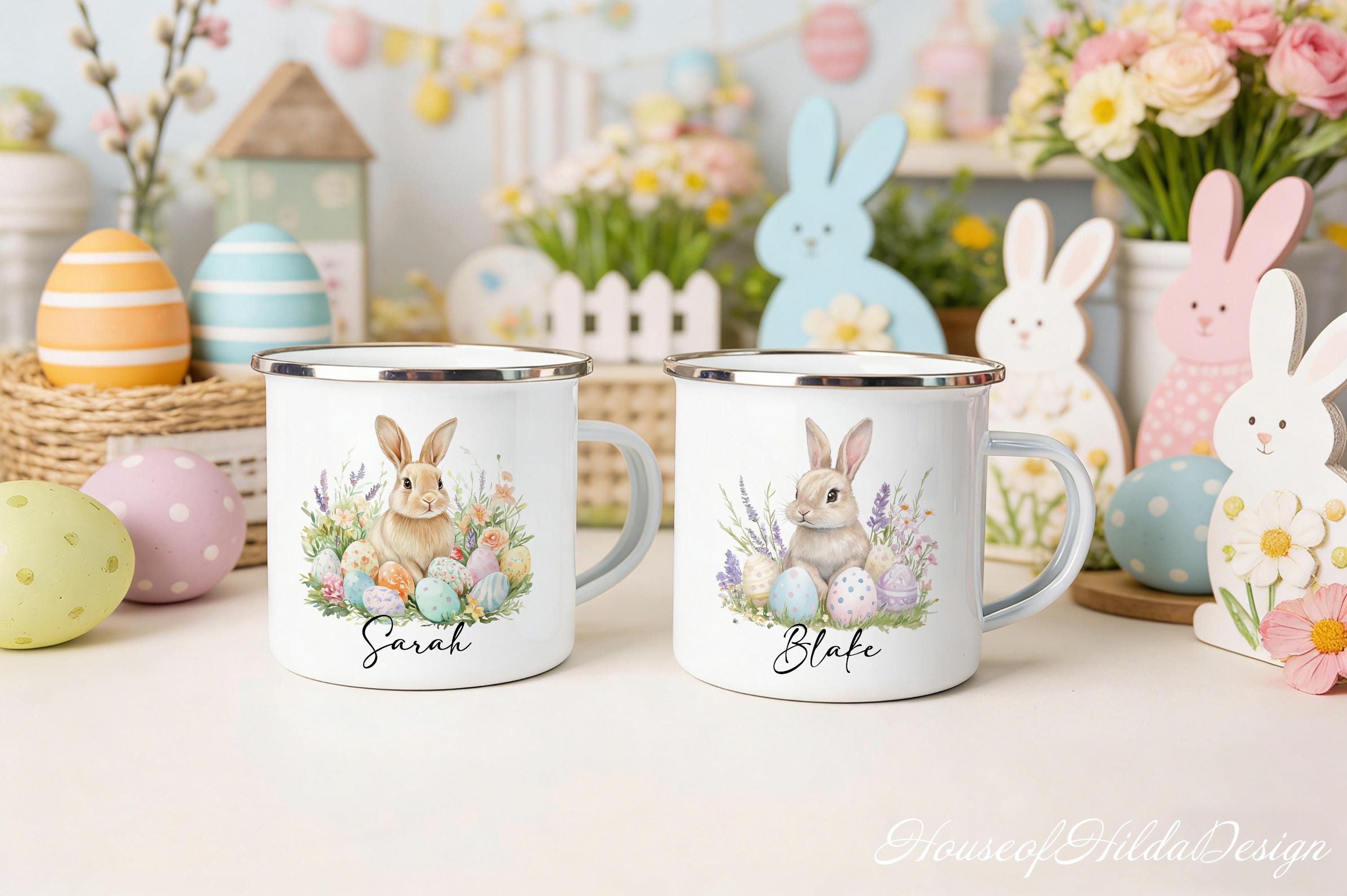 Personalized Kids Easter Enamel Mug – Bunny Rabbit Cup with Name