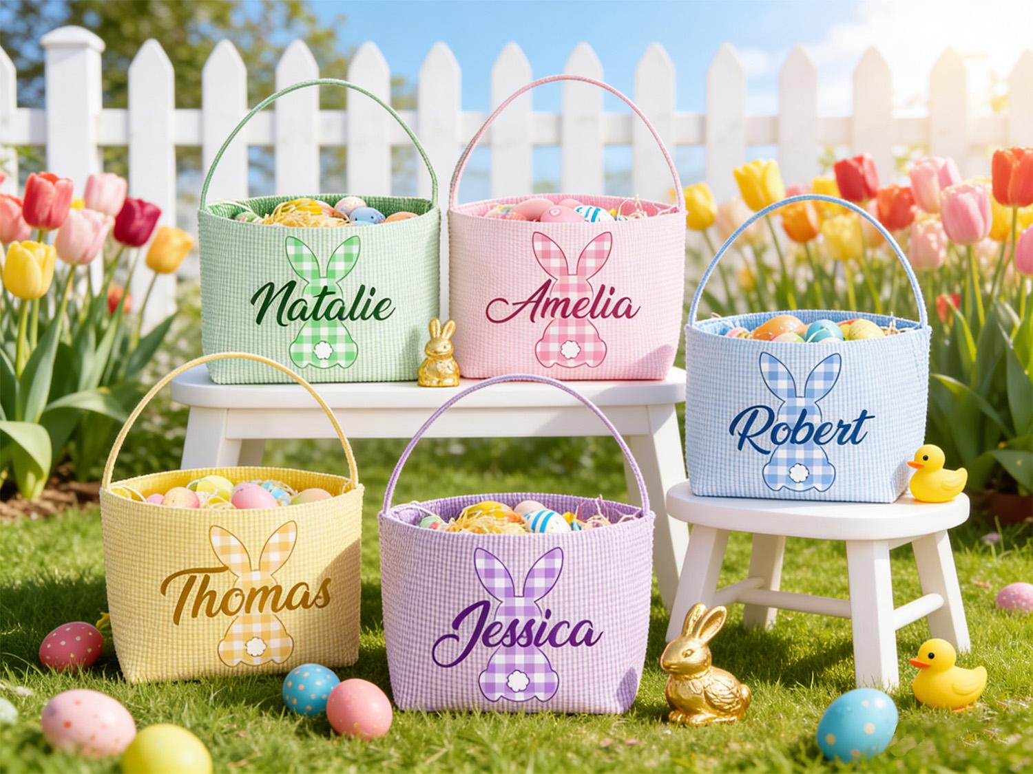 Personalized Monogrammed Seersucker Easter Basket – Custom Bunny Tote