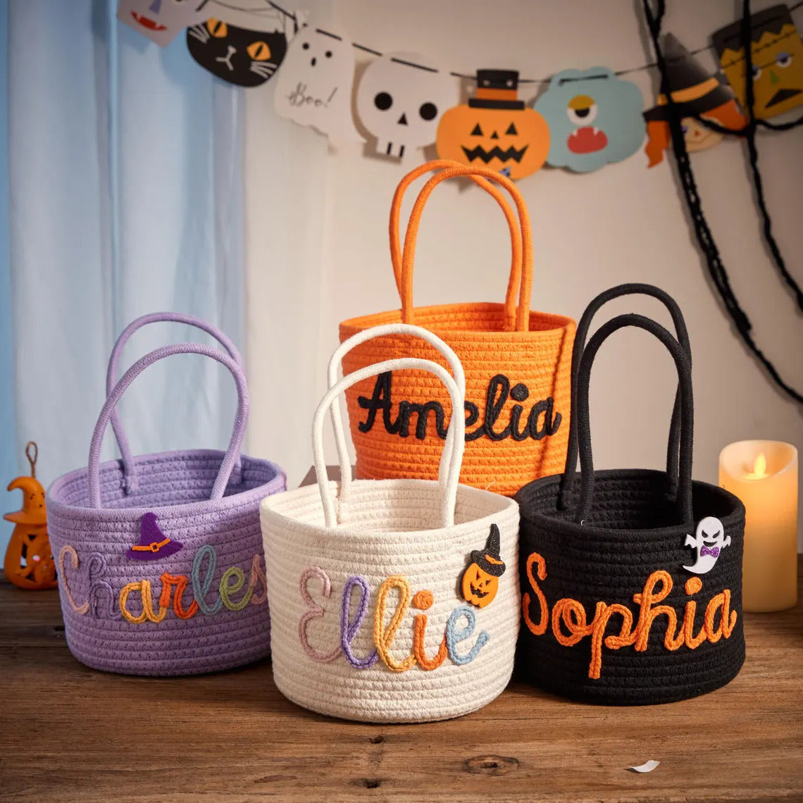 Personalized Halloween Cotton Basket, Custom Name Trick-or-Treat Bag, Custom Baby Shower Name Basket