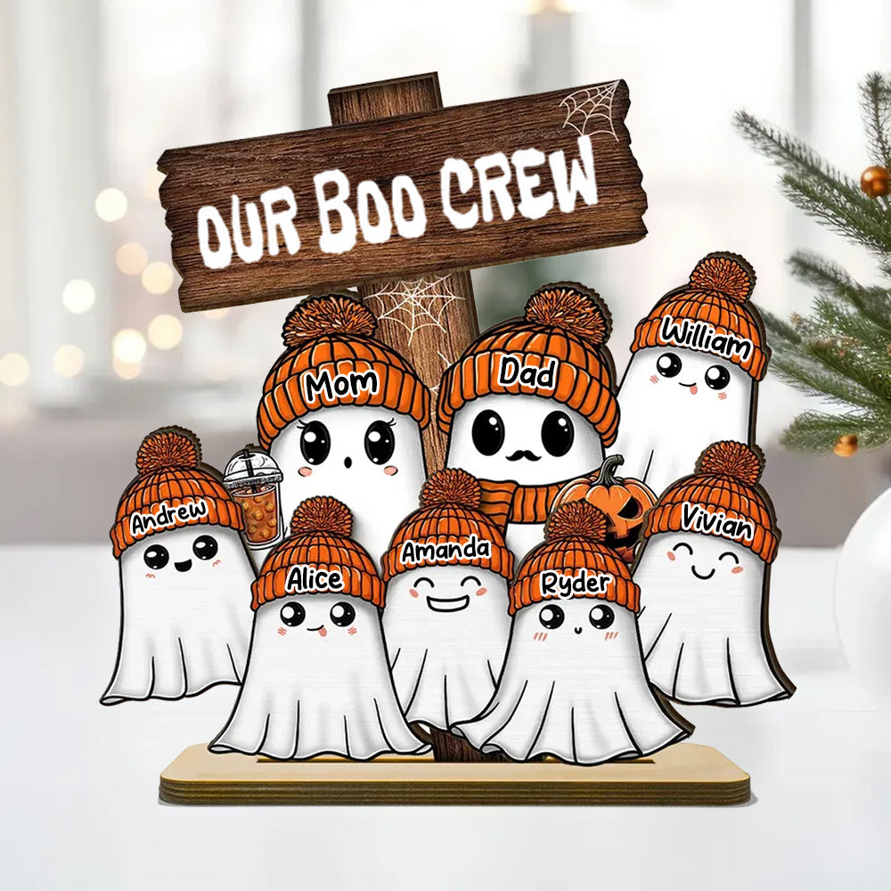 Family Our Boo Crew Fall Season Halloween Personalized 2-Layer Standing Wooden Stand