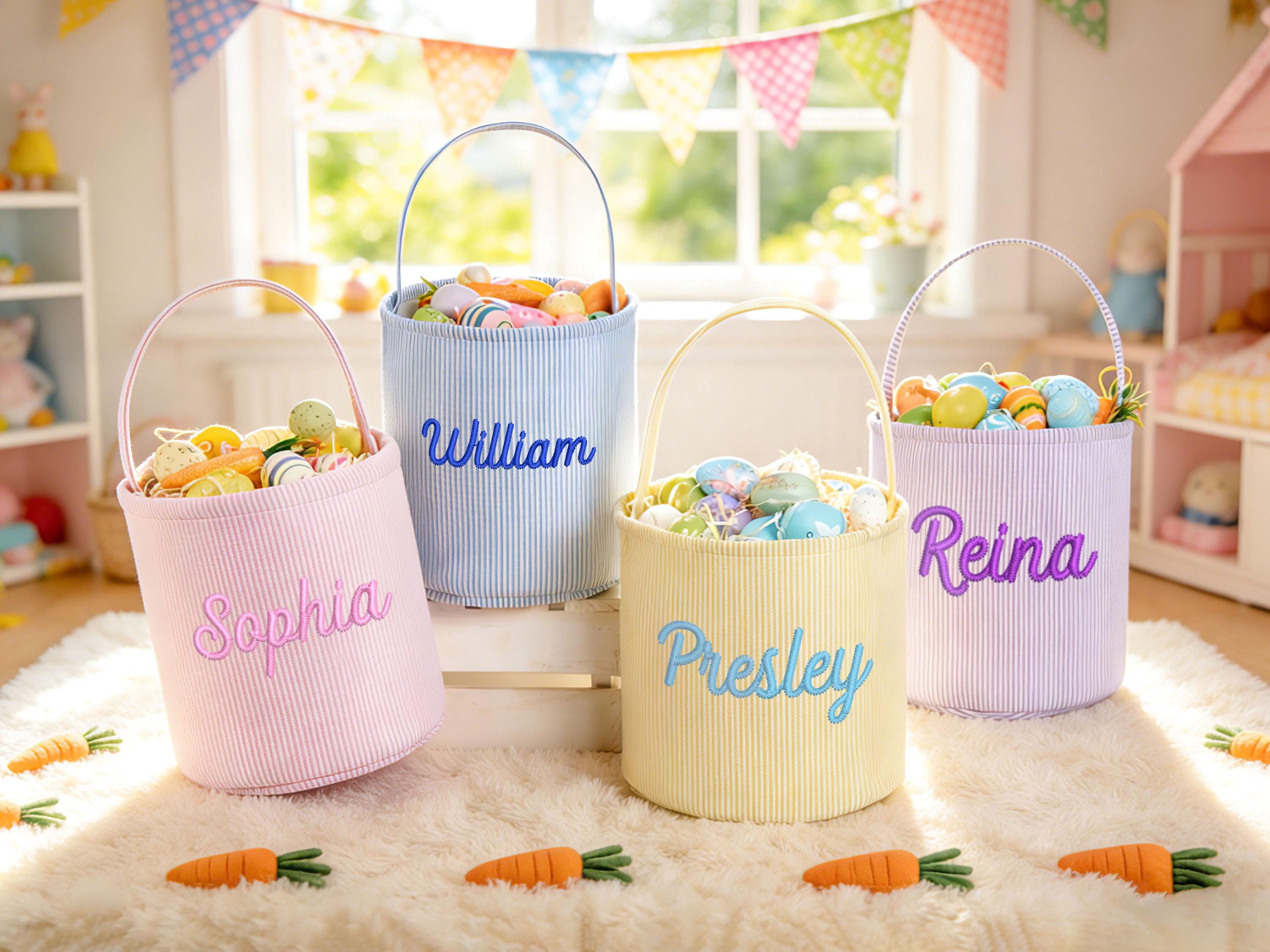 Personalized Seersucker Easter Basket, Embroidered Name, Kids Egg Hunt