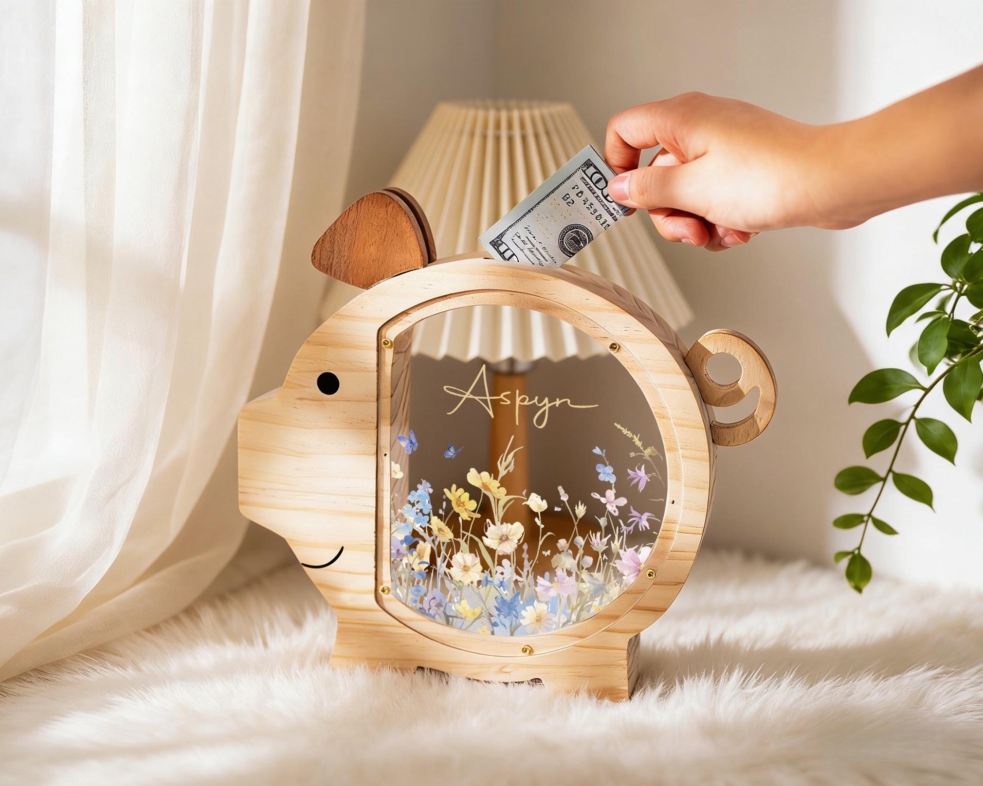 Personalized Piggy Bank, Wildflower Money Box, Kids Gift