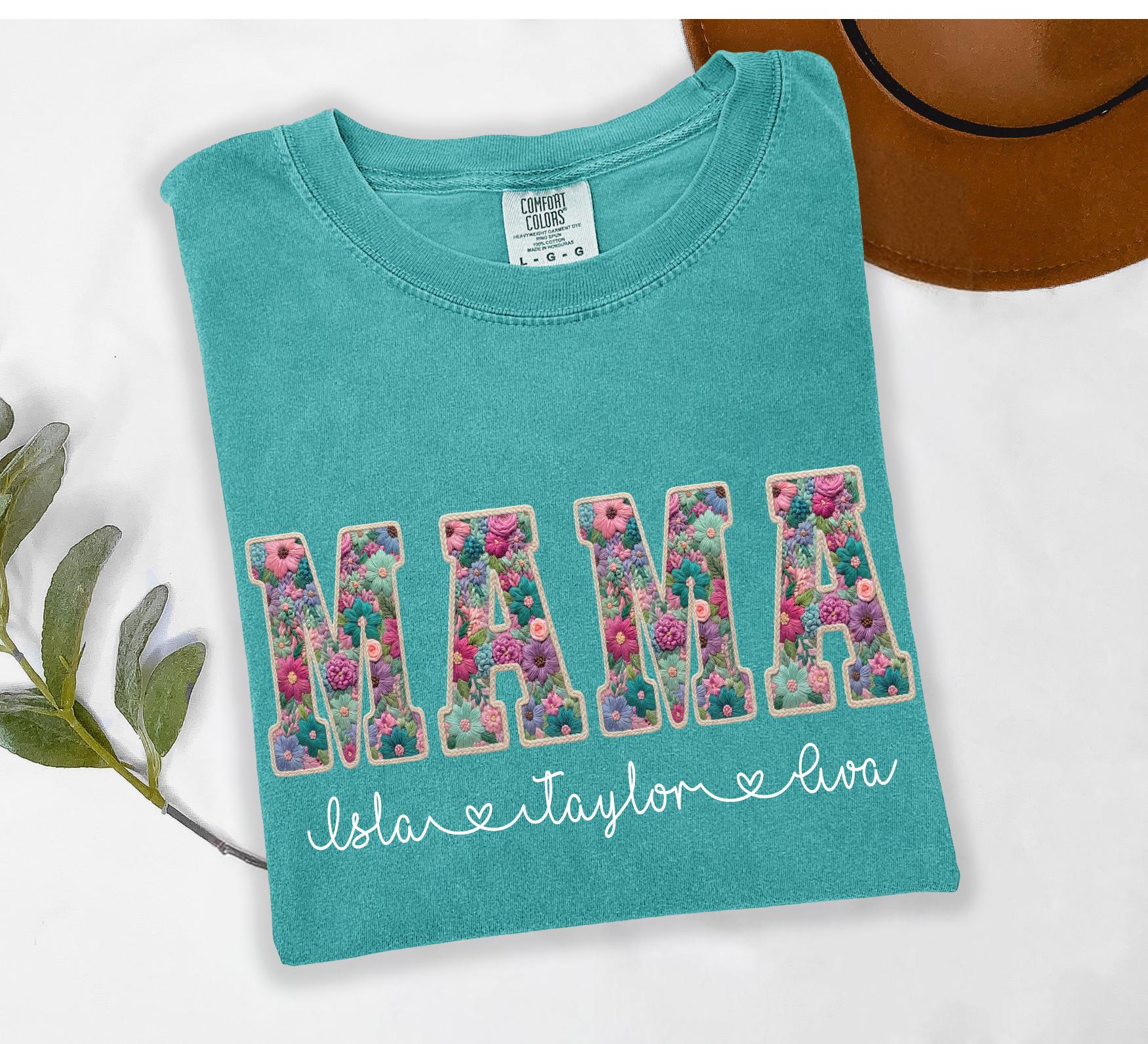 Personalized Mama Shirt – Faux Embroidery Kids Names Tee