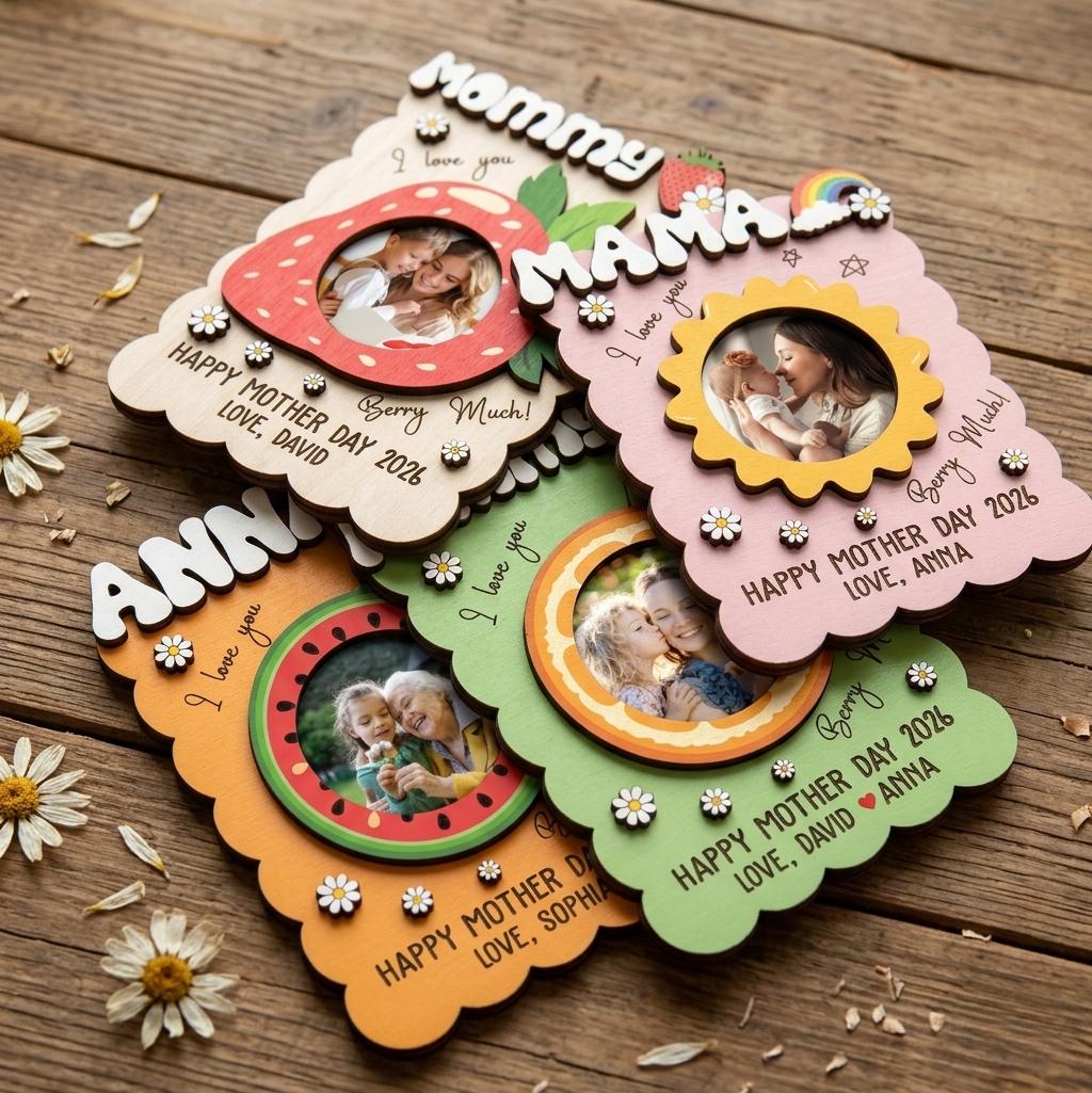 Personalized Wooden Photo Frame Plaque – Custom Strawberry-Themed Gift for Mom, Nana, or Grandma