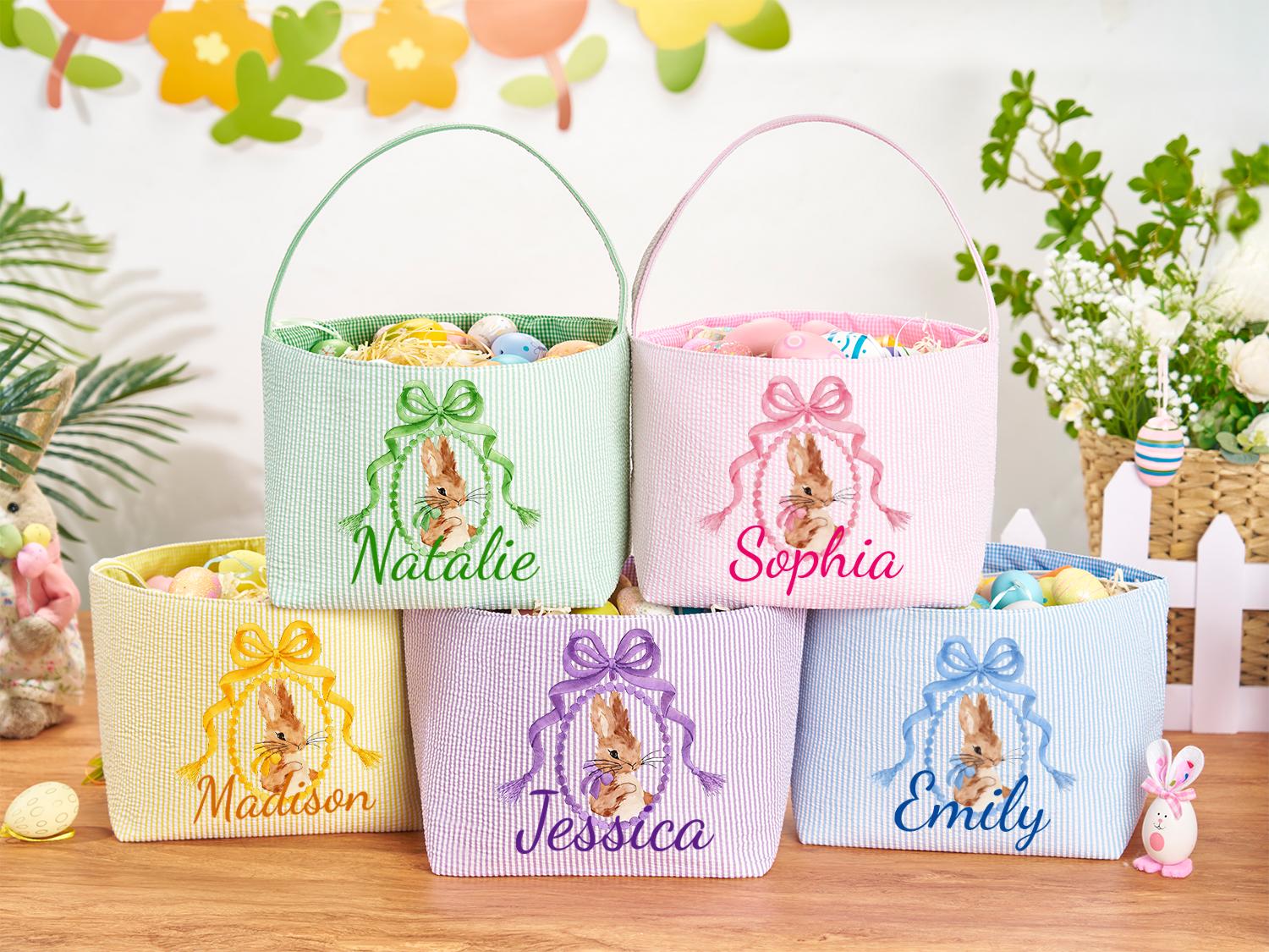 Personalized Monogrammed Seersucker Easter Basket – Custom Bunny Tote