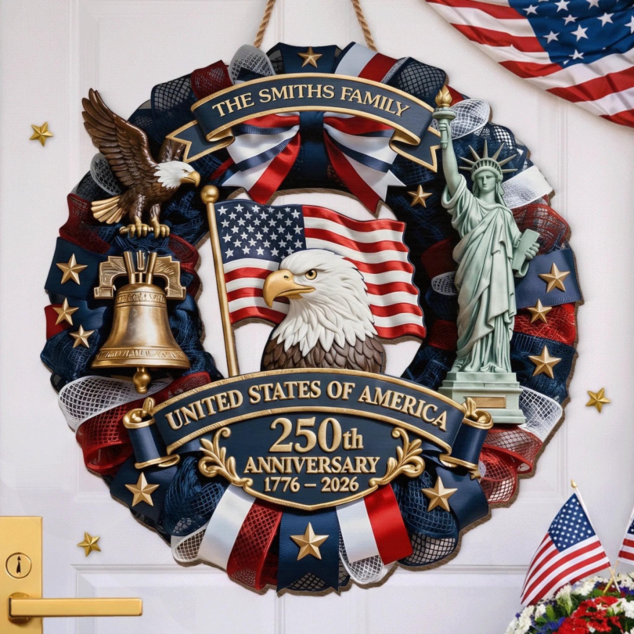 Personalized America 250th Wood Wreath, Patriotic Door Sign