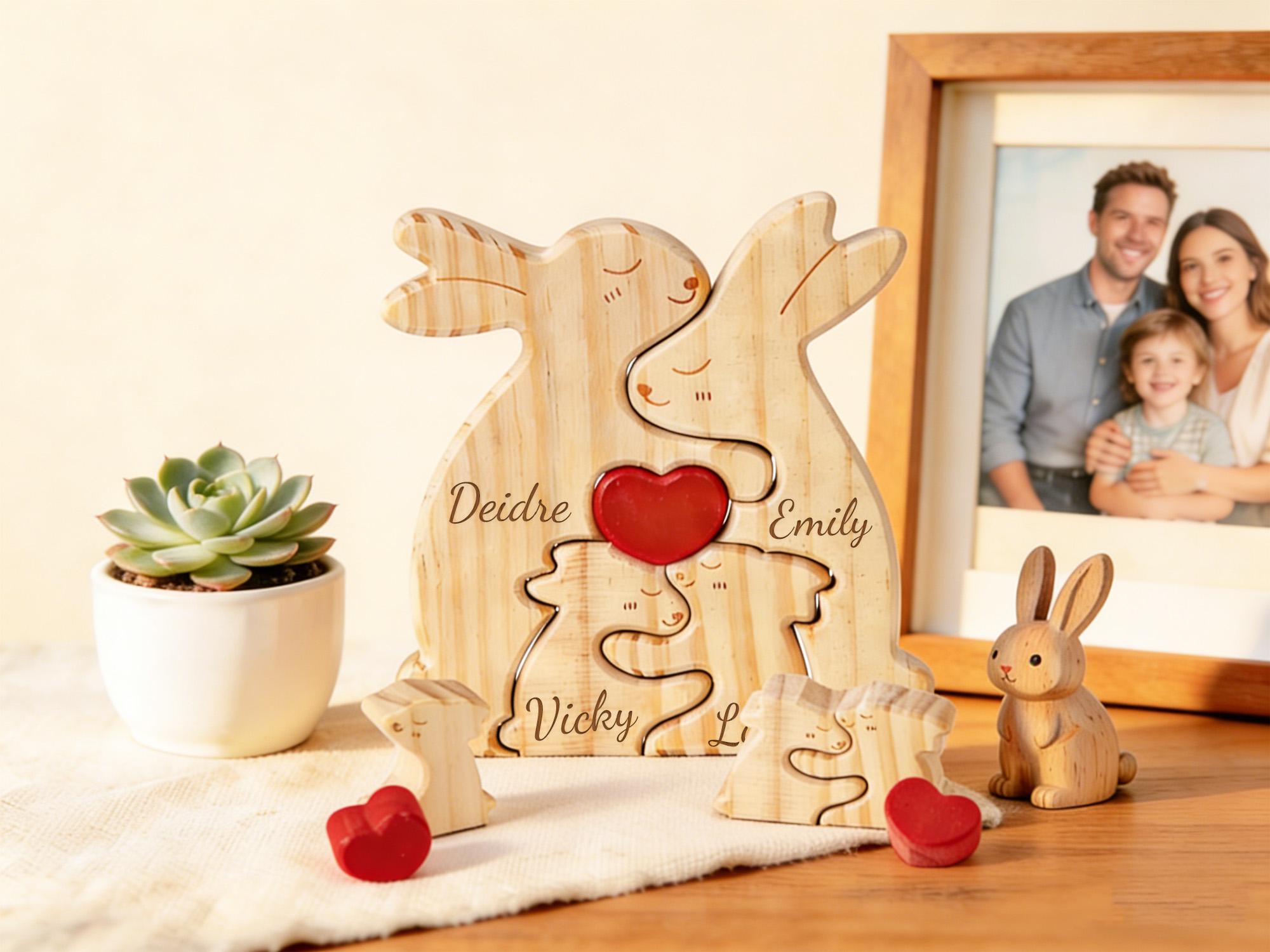 Personalized Wooden Rabbit Family Puzzle – Engraved Name Home Decor