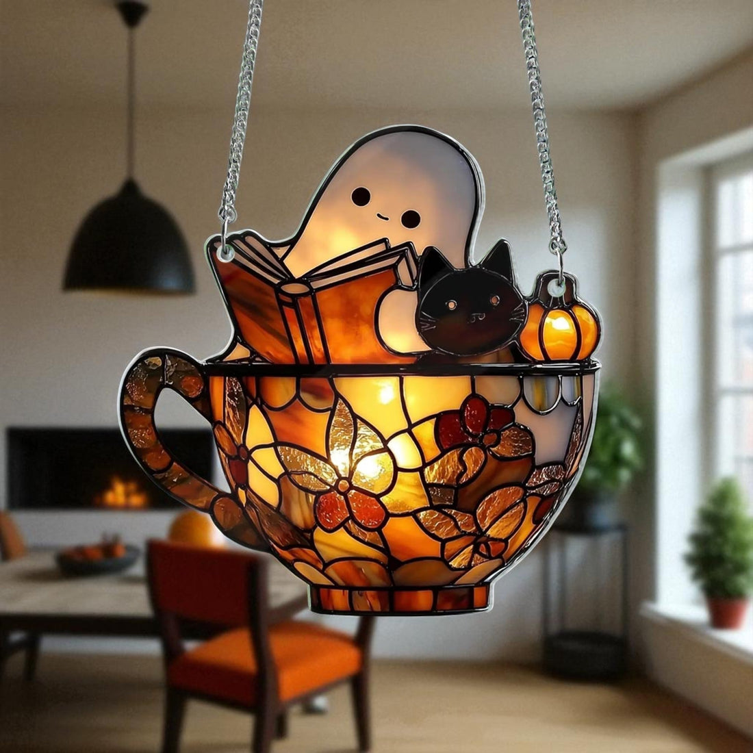 Cute Ghost Reading & Black Cat in Teacup Acrylic Suncatcher – Spooky Bookish Window Hanging, Halloween Bathroom or Library Decor