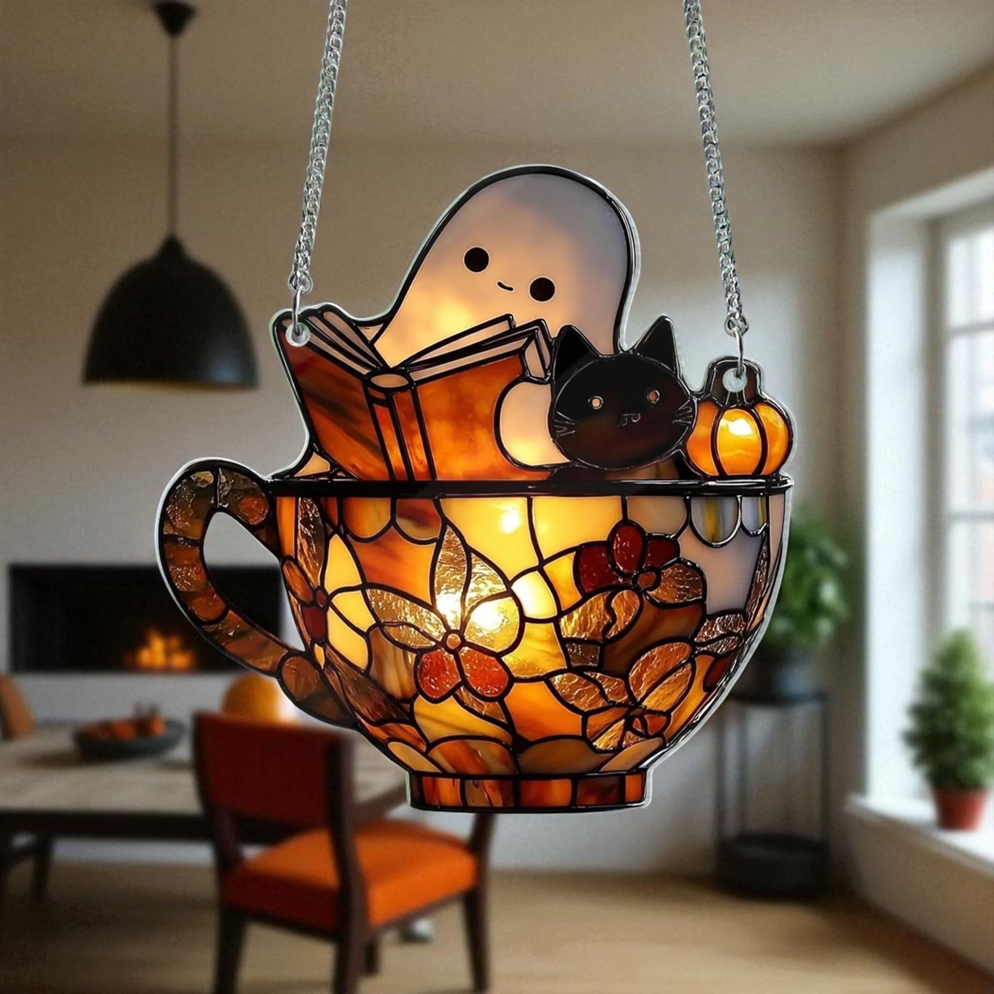 Cute Ghost Reading & Black Cat in Teacup Acrylic Suncatcher – Spooky Bookish Window Hanging, Halloween Bathroom or Library Decor