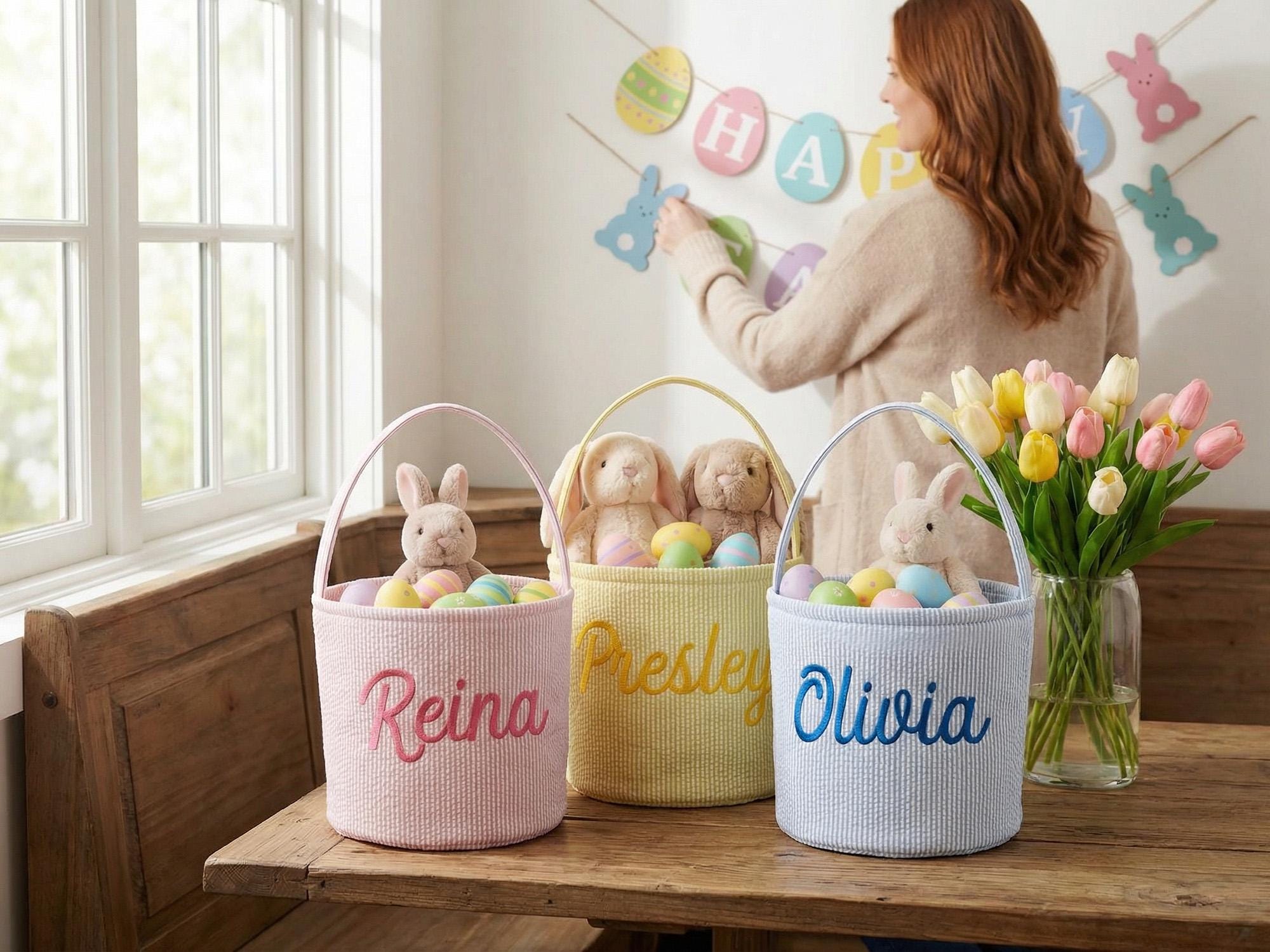 Custom Name Easter Basket – Embroidered Seersucker Kids Egg Hunt Tote