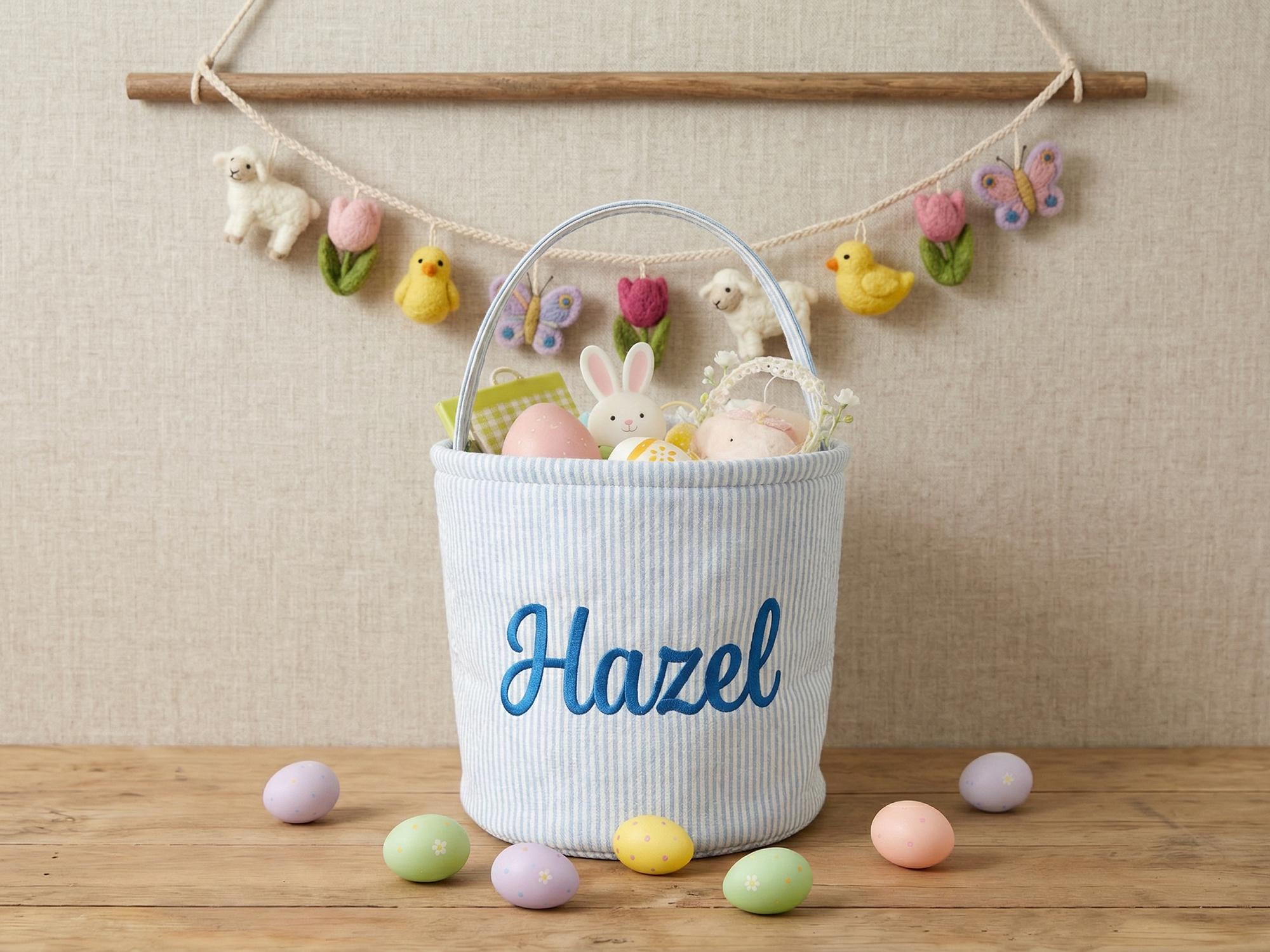 Personalized Embroidered Easter Basket – Custom Seersucker Bunny Bag