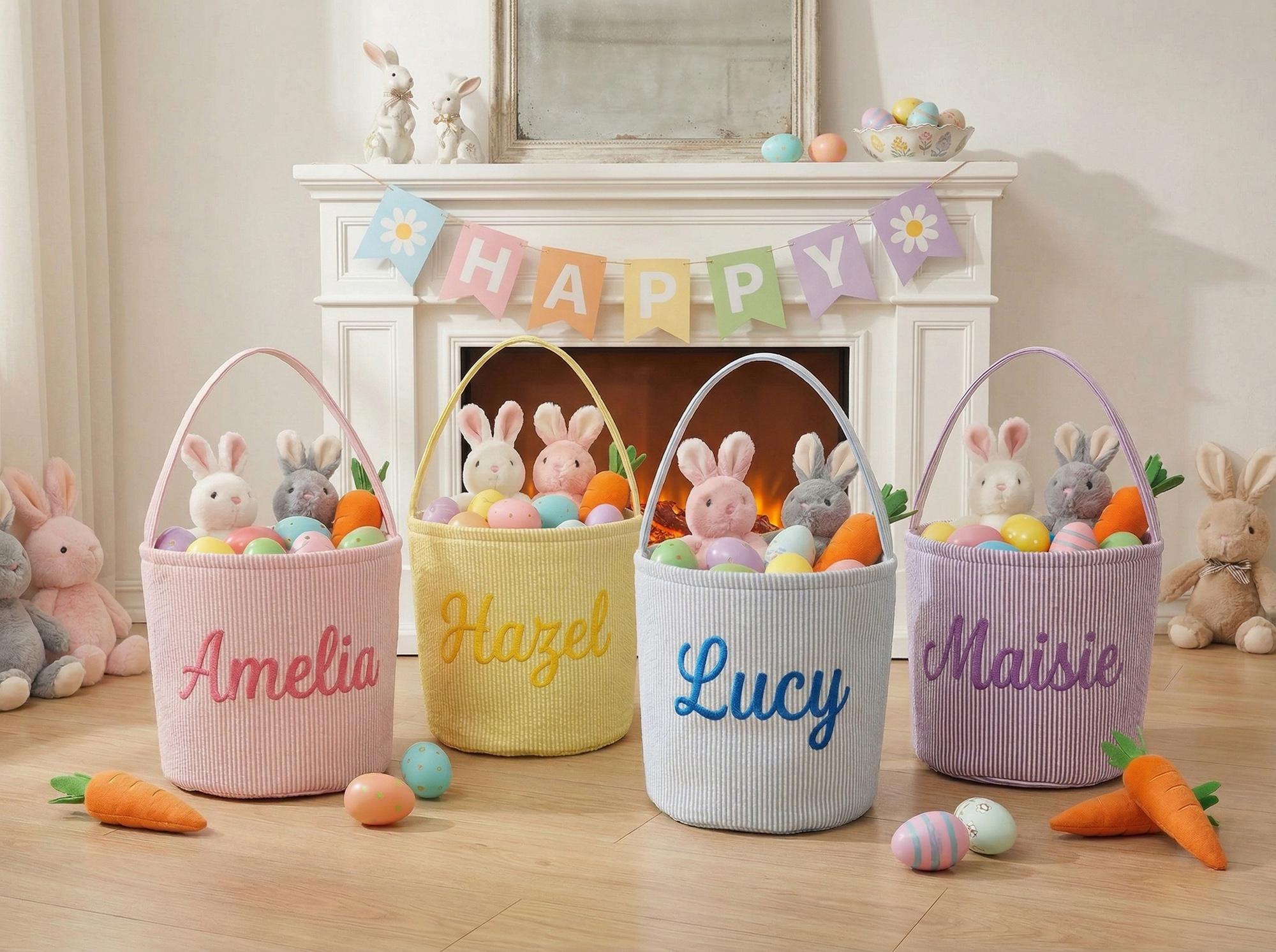 Personalized Embroidered Easter Basket – Custom Seersucker Bunny Bag