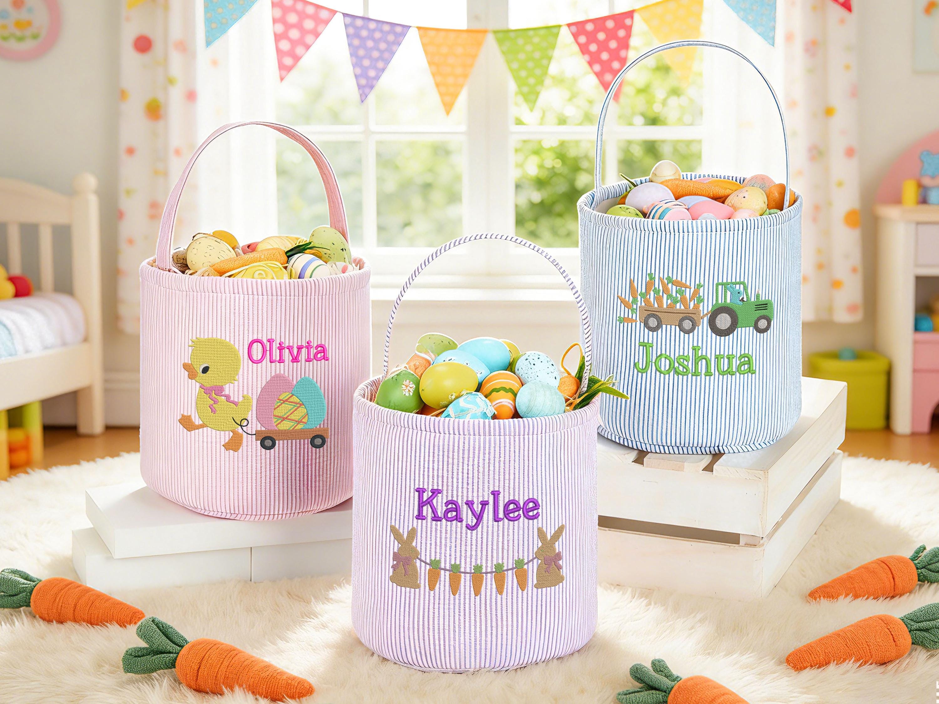 Personalized Seersucker Easter Basket, Embroidered Name, Kids Egg Hunt