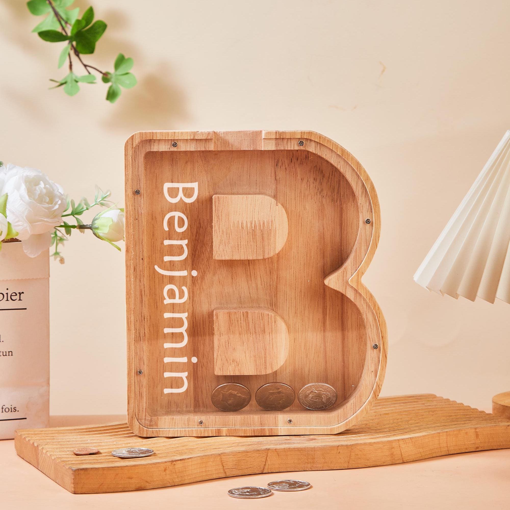 Personalized Large Wooden Kids Letter Piggy Bank, Wood Gift For Kids, Custom Name Coin Bank, Wood Alphabet Letter Bank Money Box Birthday