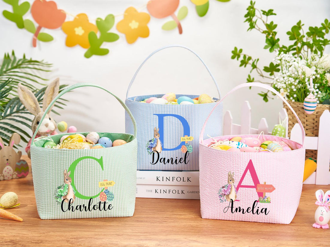 Personalized Monogrammed Seersucker Easter Basket – Custom Bunny Tote