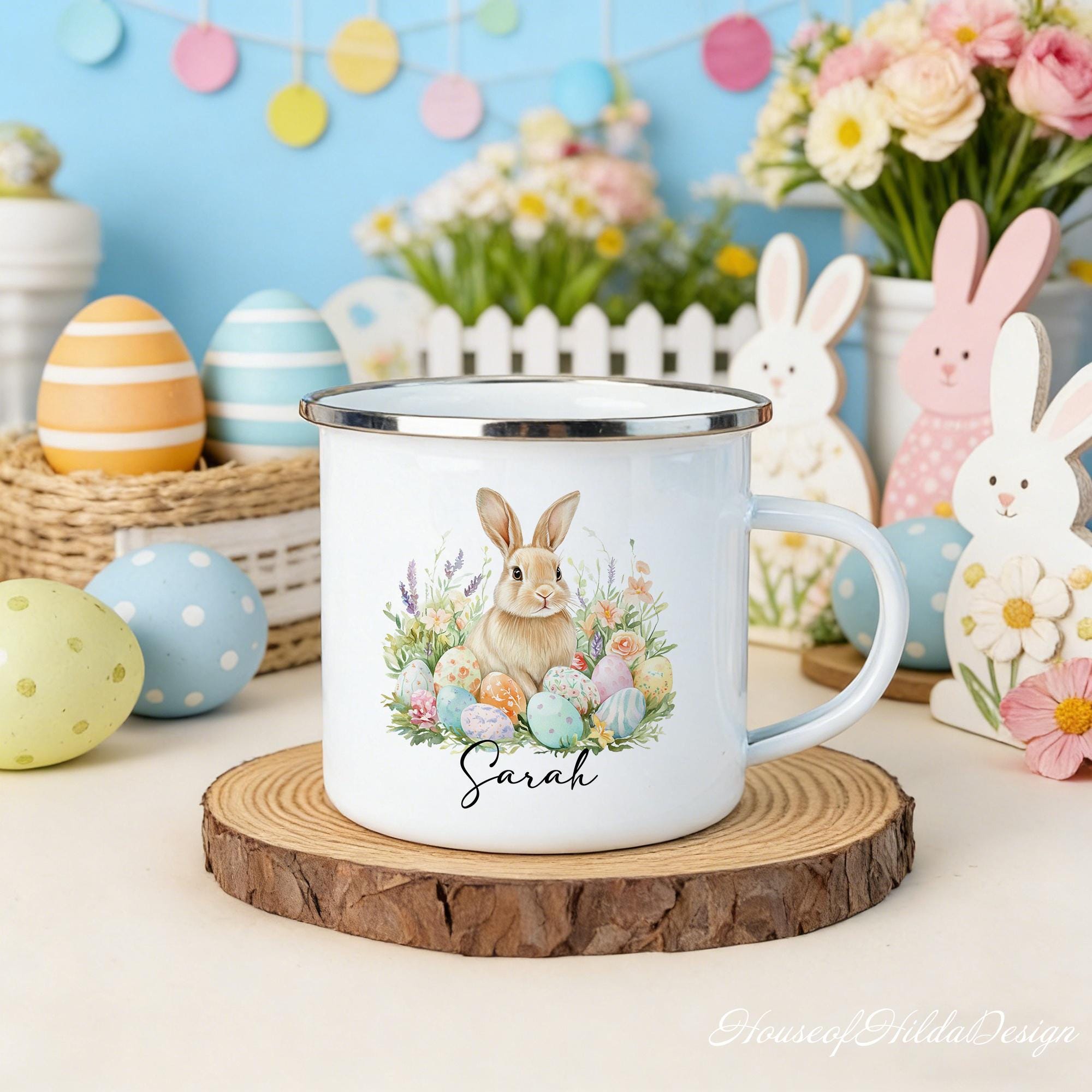 Personalized Kids Easter Enamel Mug – Bunny Rabbit Cup with Name