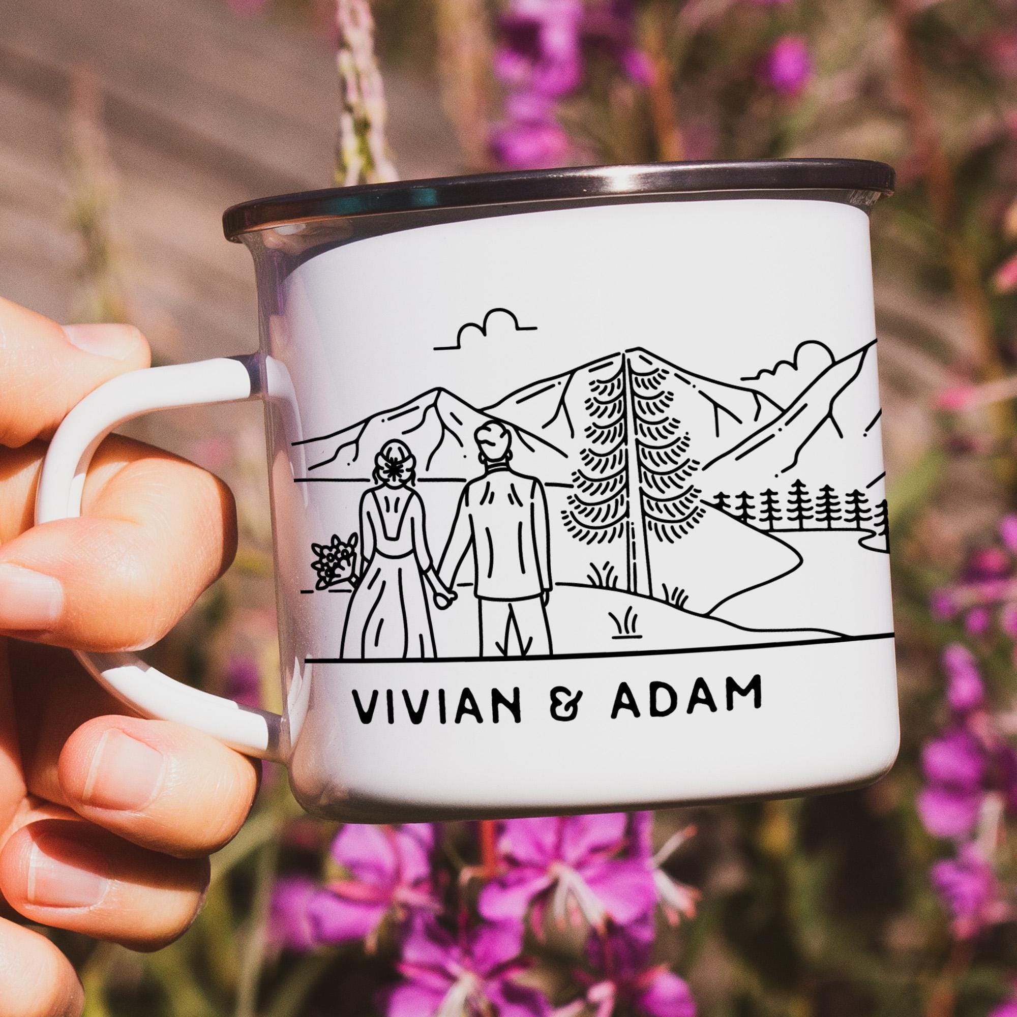 Personalized Wedding Gift, Bride & Groom Mountain Romantic Enamel Mug, Unique Engagement Present for Outdoorsy Couple