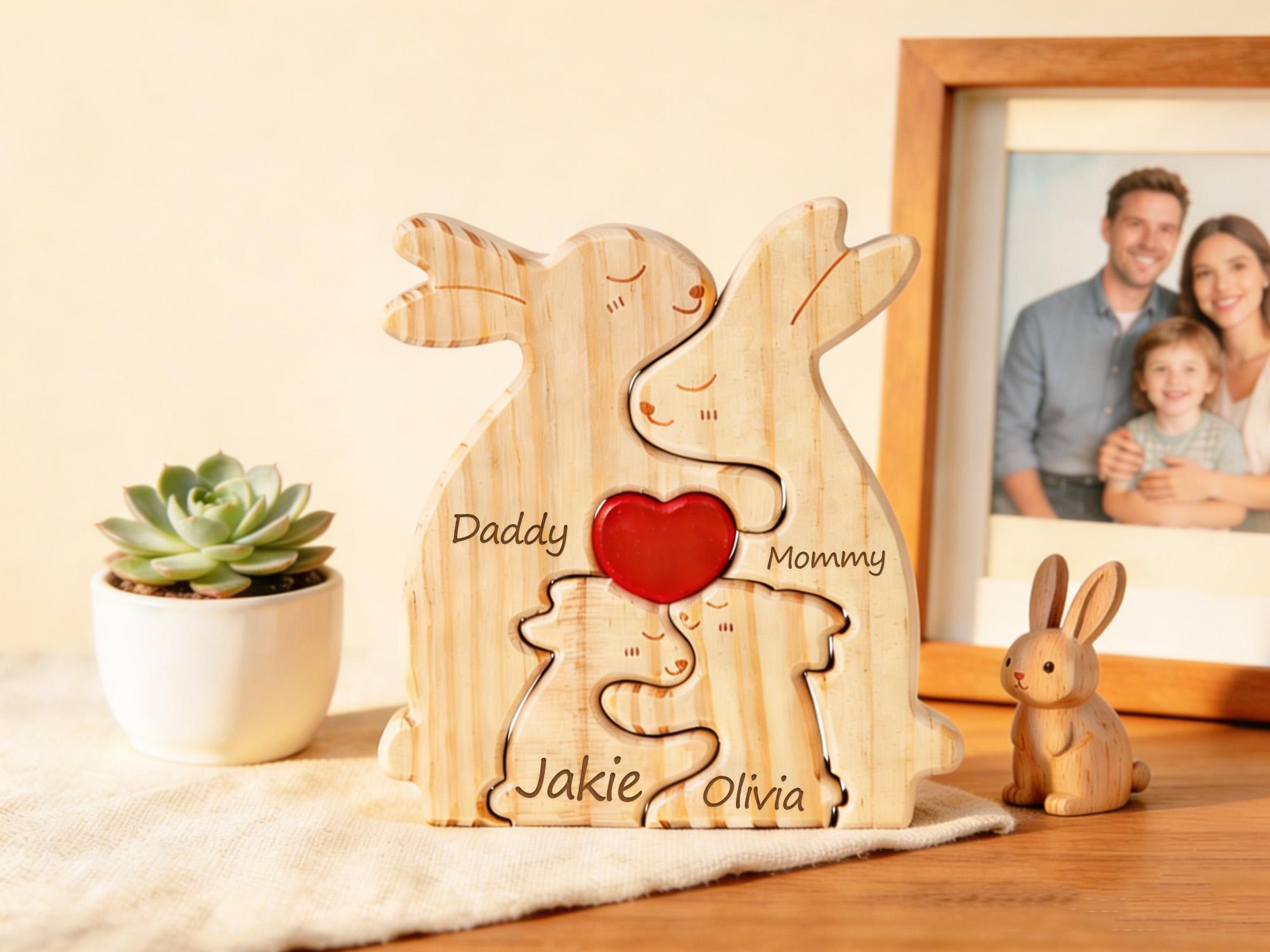 Personalized Wooden Rabbit Family Puzzle – Engraved Name Home Decor