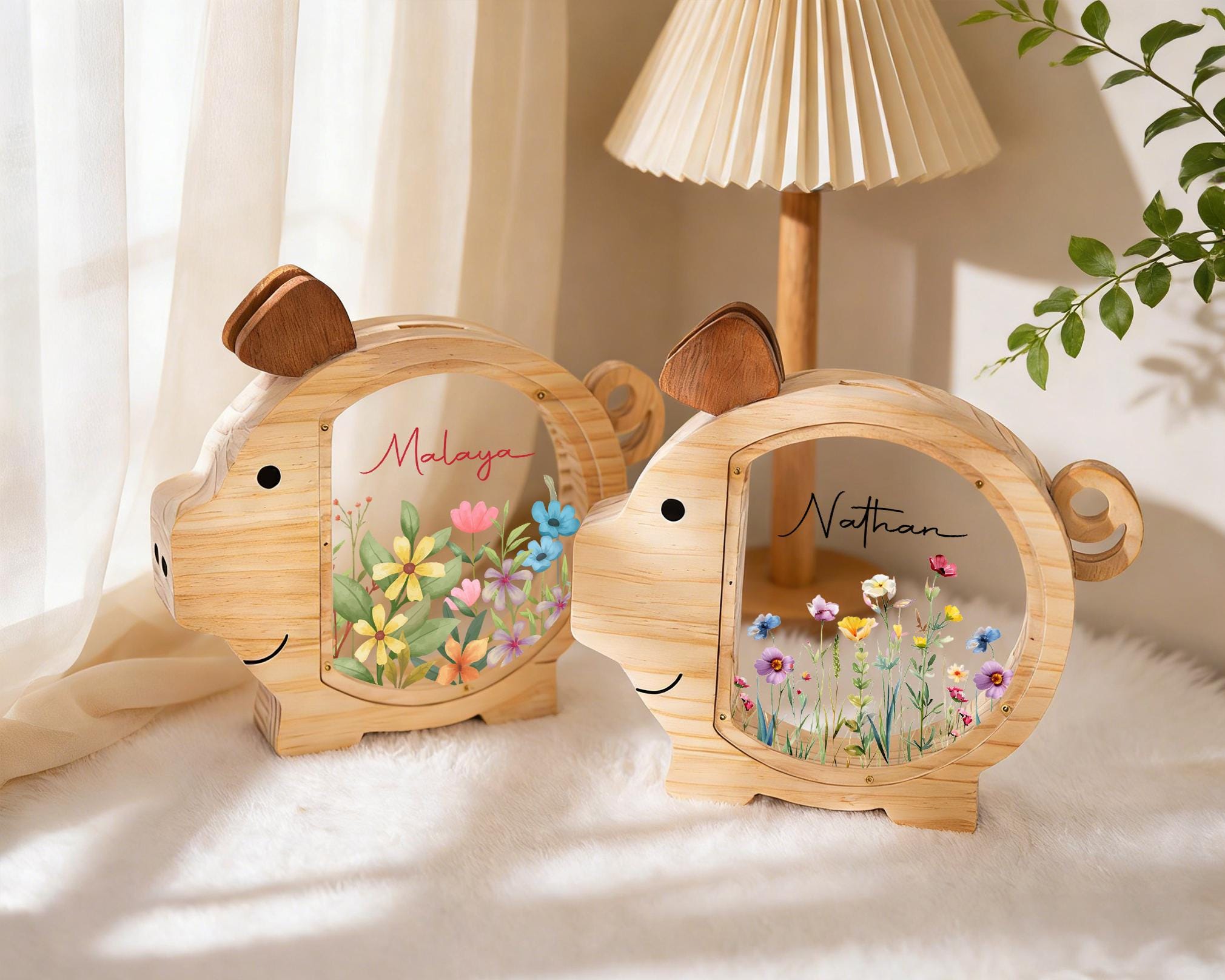 Personalized Piggy Bank, Wildflower Money Box, Kids Gift