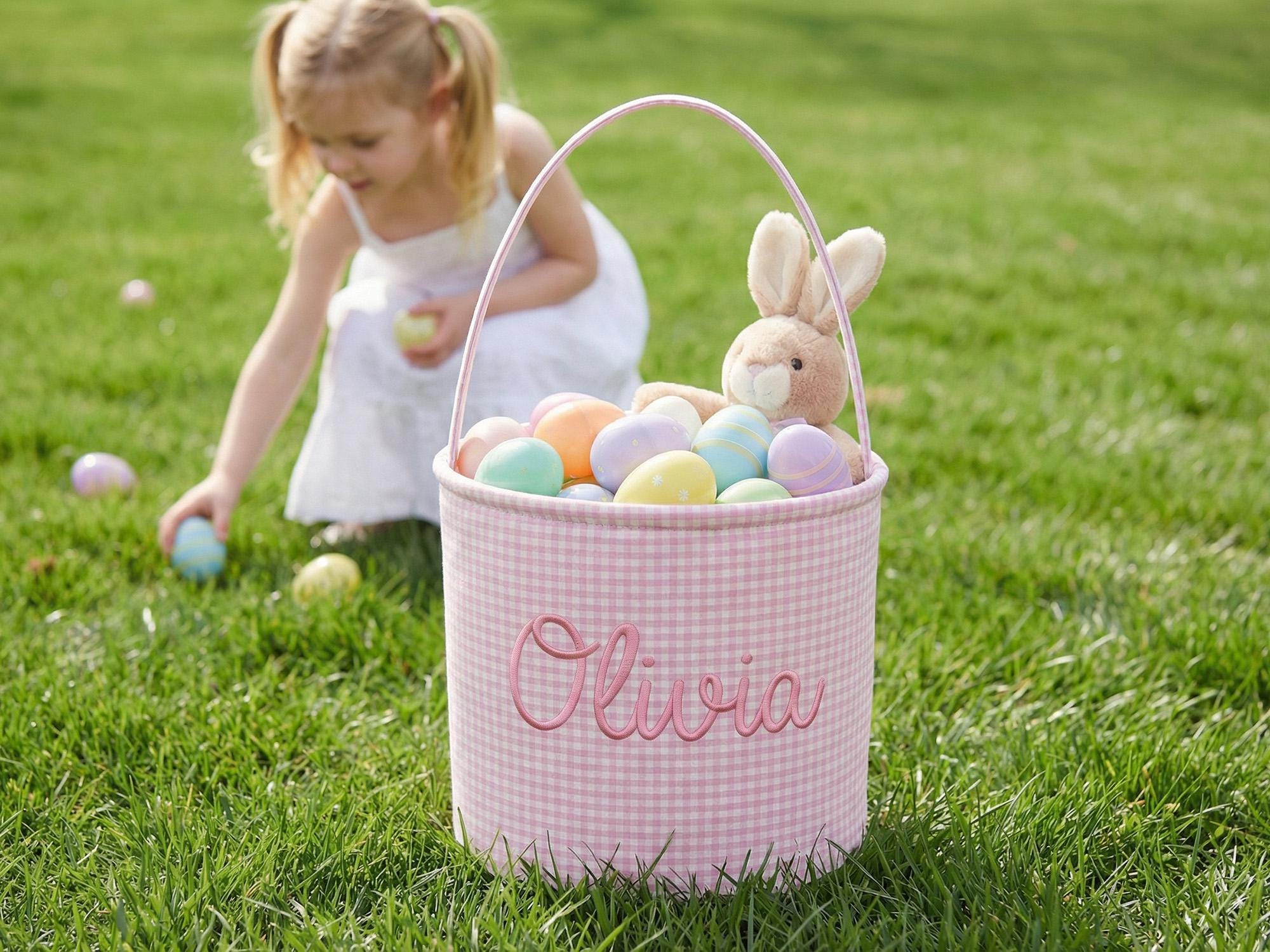 Custom Name Easter Basket – Embroidered Seersucker Kids Egg Hunt Tote