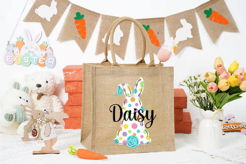 Personalized Easter Bunny Bag – Custom Jute Tote for Kids