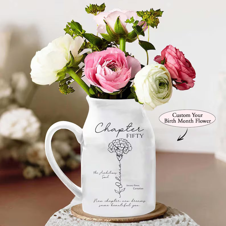Custom Birth Month Flower Name Vase – Personalized Gift for Mom, Wife, or Daughter