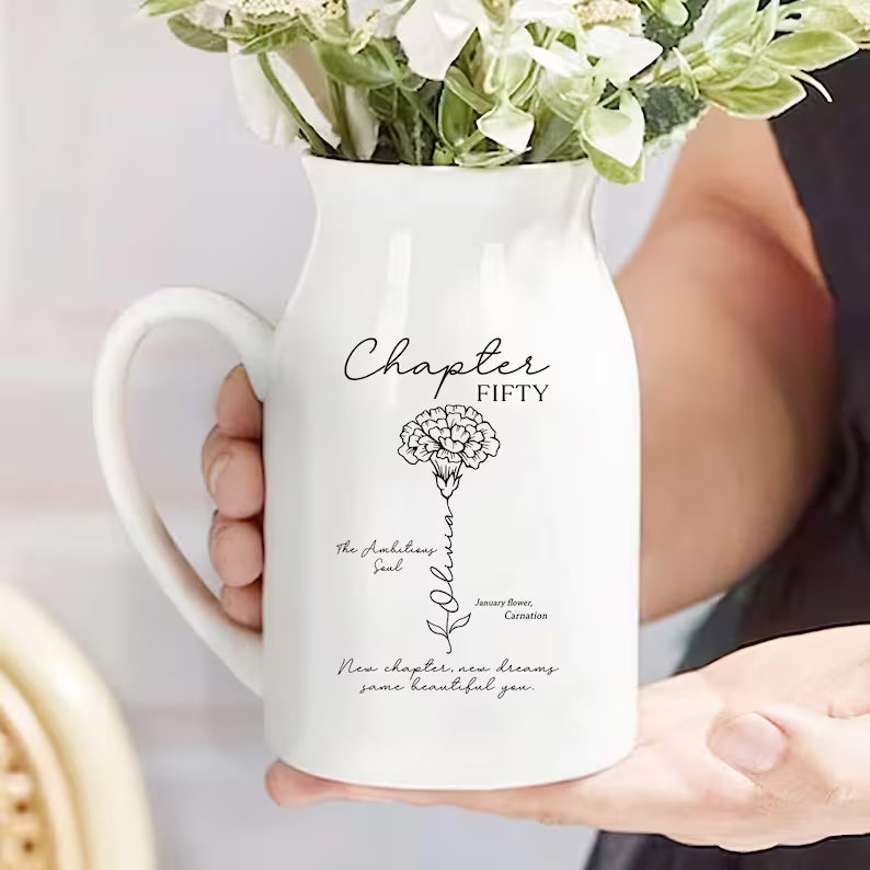 Custom Birth Month Flower Name Vase – Personalized Gift for Mom, Wife, or Daughter