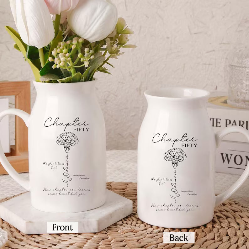 Custom Birth Month Flower Name Vase – Personalized Gift for Mom, Wife, or Daughter