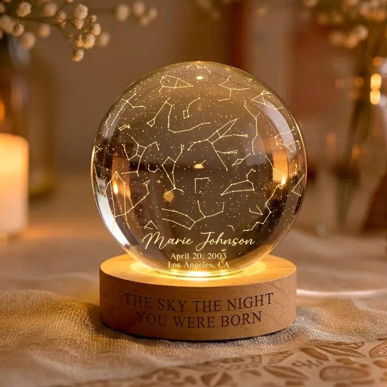 Personalized Star Map Crystal Ball Night Light – Custom Birthday & Mother's Day Gift