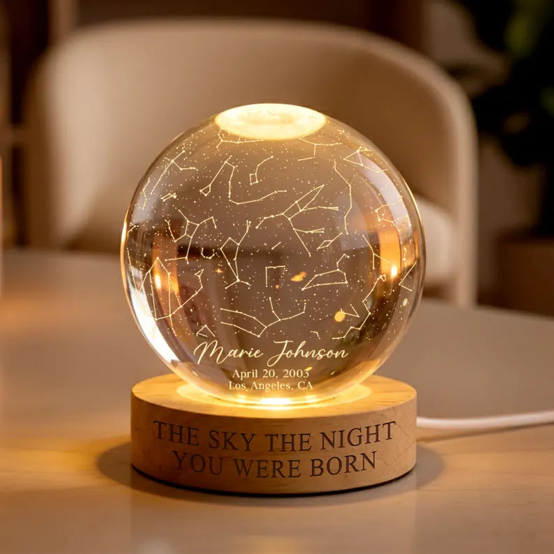 Personalized Star Map Crystal Ball Night Light – Custom Birthday & Mother's Day Gift