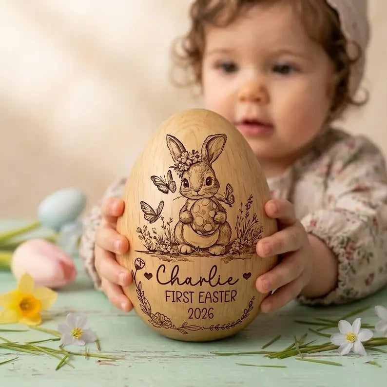 Personalized Wooden Easter Egg – Engraved Bunny Keepsake